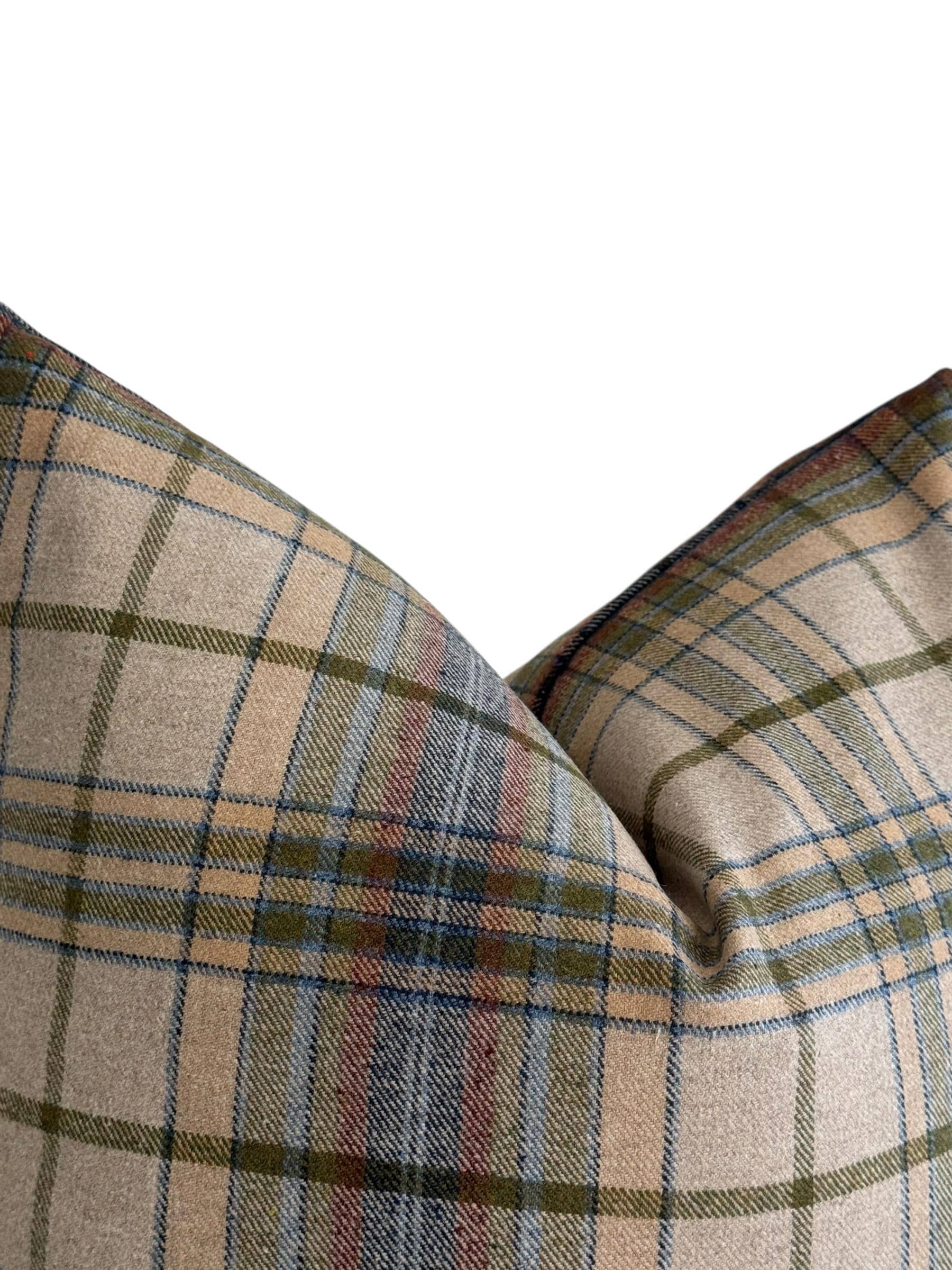 Beige Plaid Pillow Cover, Olive and Blue Check Cushion, Rustic Farmhouse Throw Pillow, Cozy Cabin Decor, Wool-Look Tartan Accent Pillow