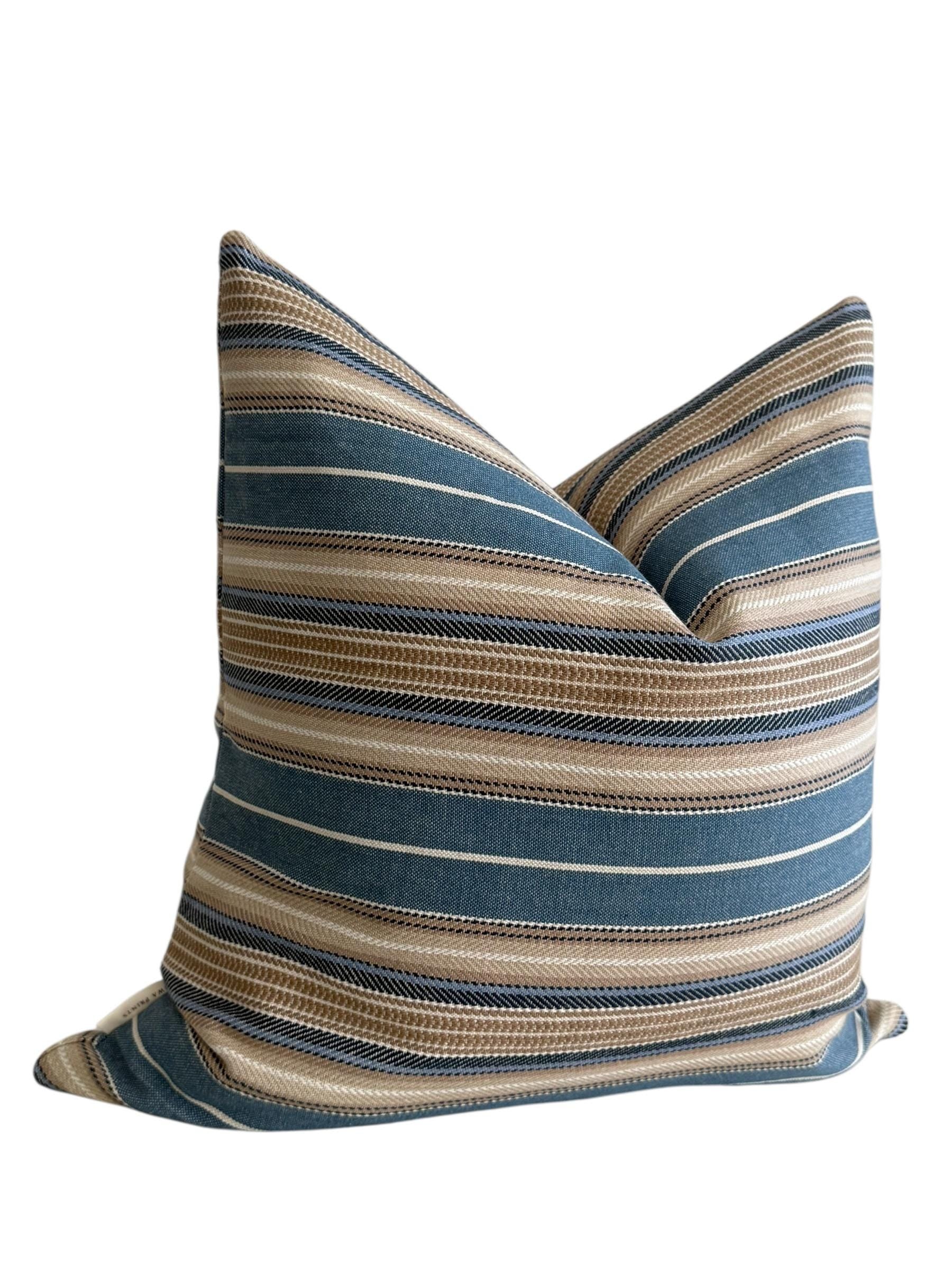 Blue Beige Striped Woven Pillow Cover, Coastal Farmhouse Decor