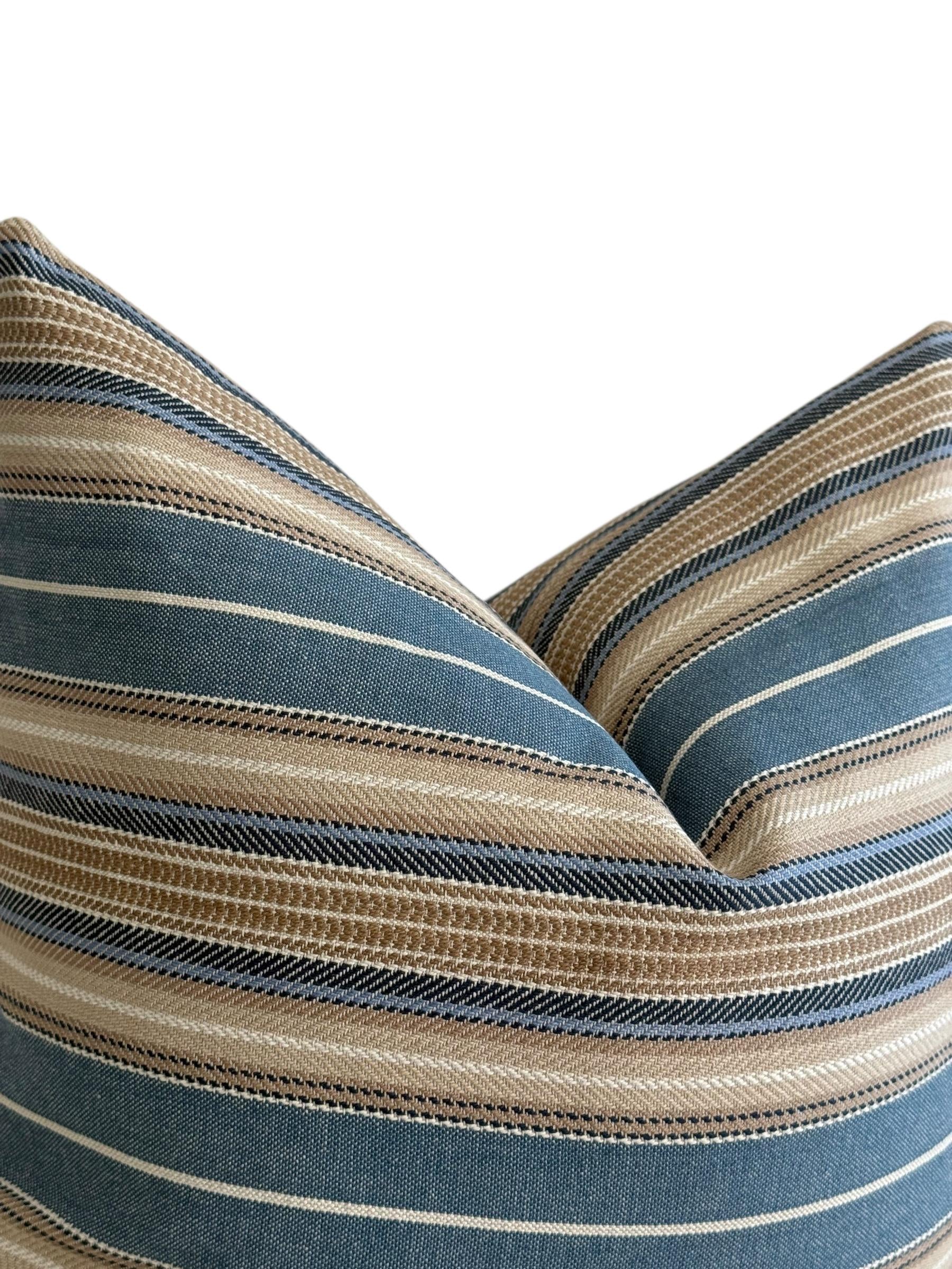 Blue Beige Striped Woven Pillow Cover, Coastal Farmhouse Decor