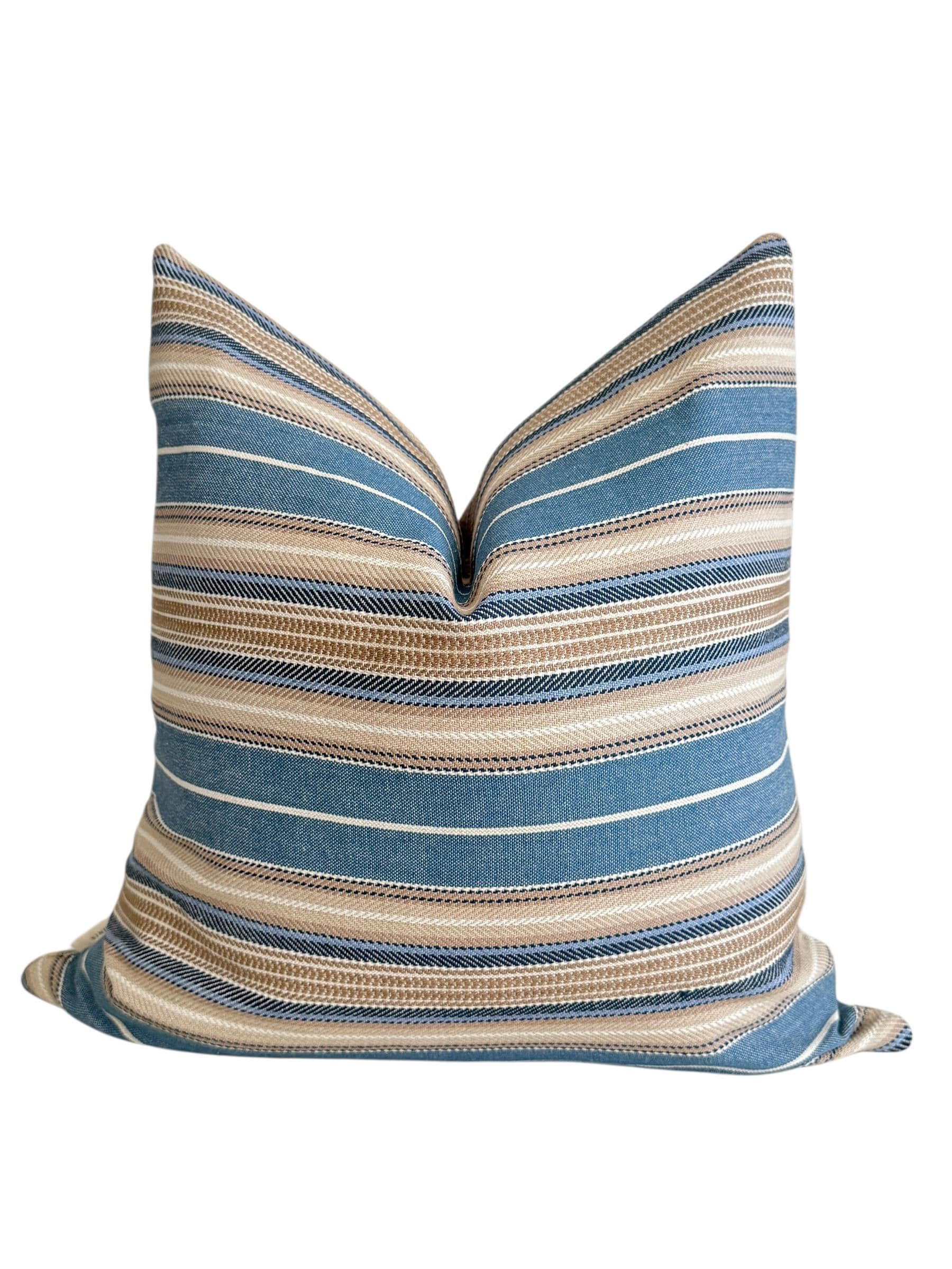 Blue Beige Striped Woven Pillow Cover, Coastal Farmhouse Decor