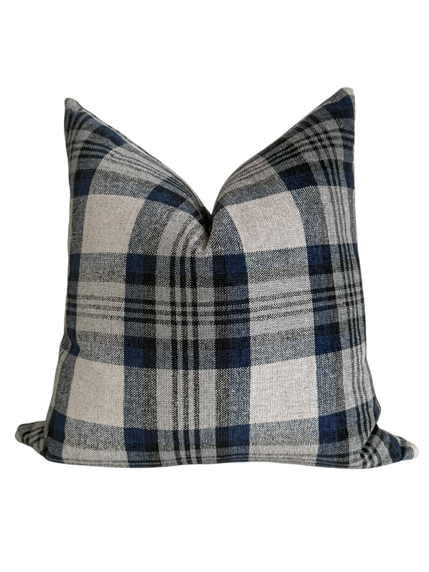 Blue and Gray Plaid Pillow Cover, Wool-Look Check Cushion, Modern Farmhouse Throw Pillow, Cozy Cabin Decor, Navy Tartan Accent Pillow