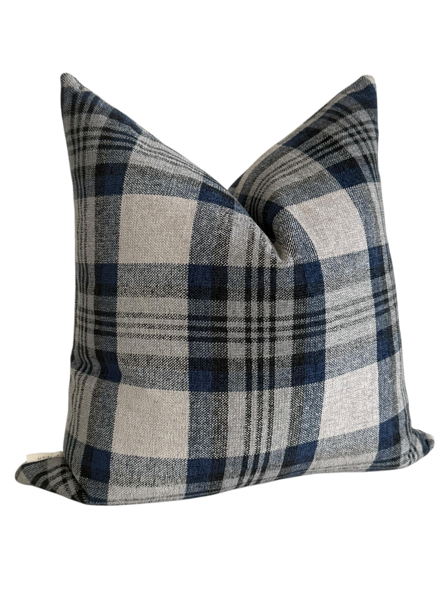 Blue and Gray Plaid Pillow Cover, Wool-Look Check Cushion, Modern Farmhouse Throw Pillow, Cozy Cabin Decor, Navy Tartan Accent Pillow