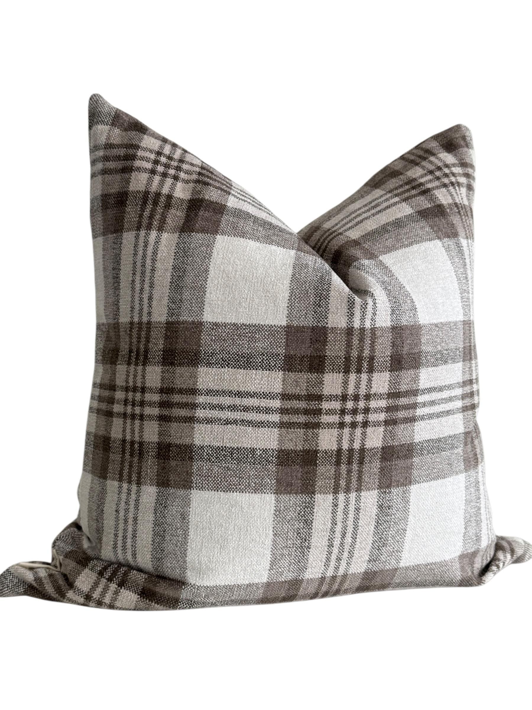 Brown and Cream Plaid Pillow Cover, Neutral Check Cushion, Rustic Farmhouse Throw Pillow, Cozy Cabin Decor, Wool-Look Tartan Pillow