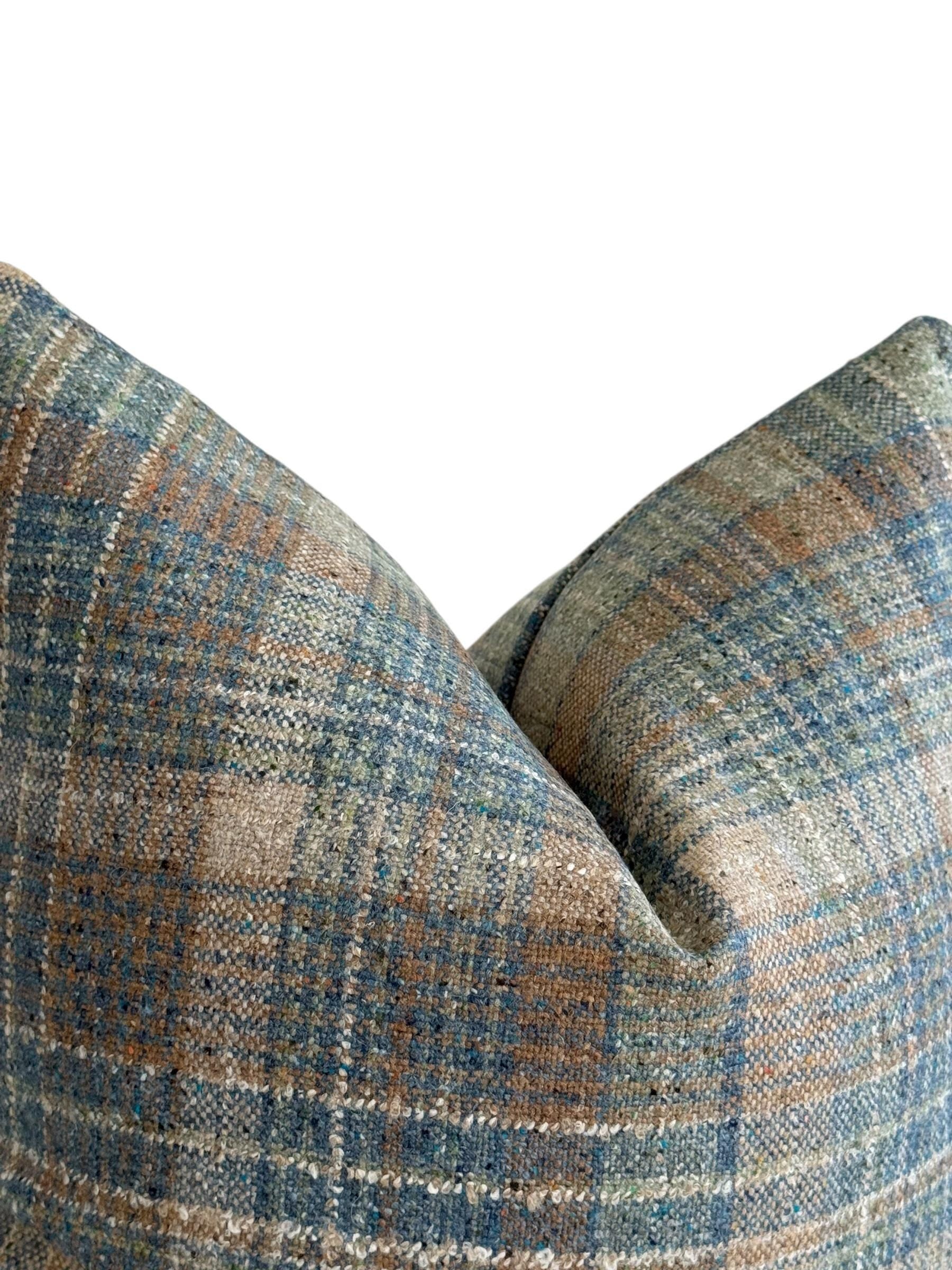 Blue and Beige Plaid Pillow Cover, Wool-Look Check Cushion, Rustic Farmhouse Pillow, Cozy Cabin Decor, Tartan Accent, Neutral Plaid Cushion