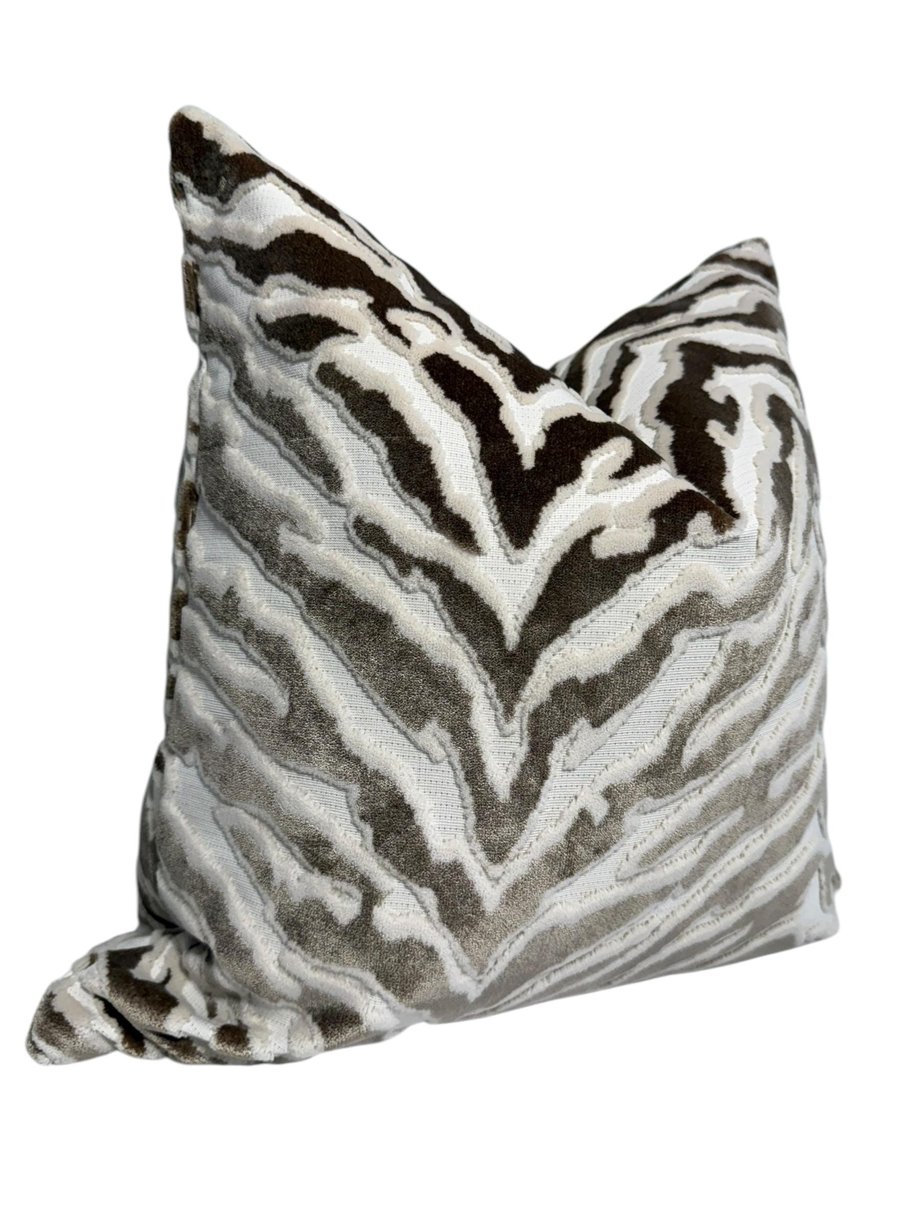 Handmade Velvet Zebra Print Pillow Cover: Taupe & Cream Cushion