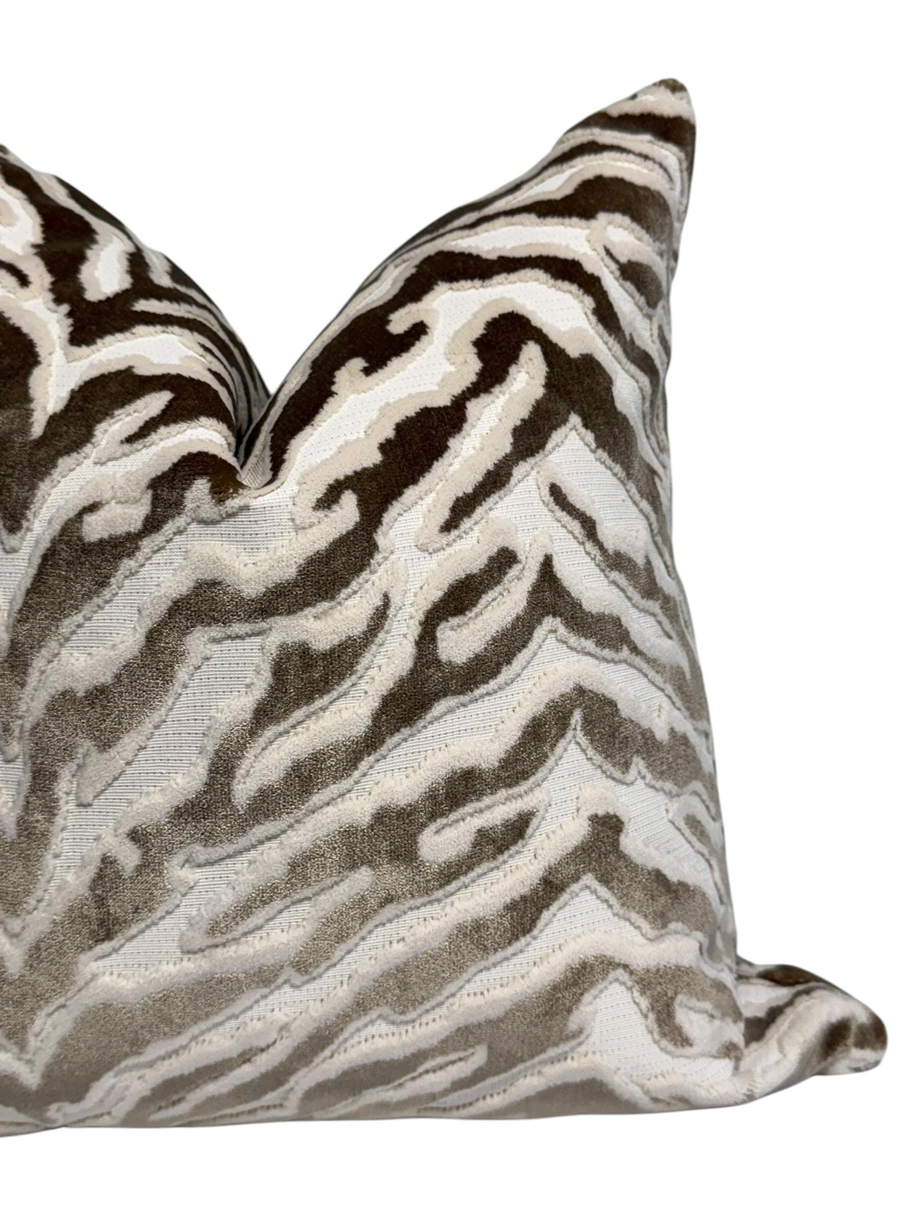 Handmade Velvet Zebra Print Pillow Cover: Taupe & Cream Cushion