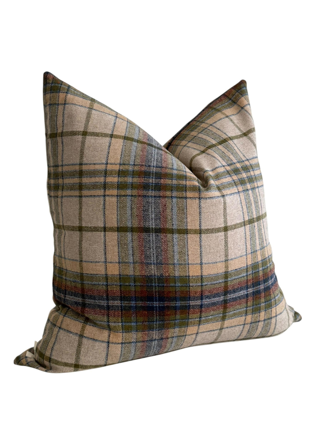 Beige Plaid Pillow Cover, Olive and Blue Check Cushion, Rustic Farmhouse Throw Pillow, Cozy Cabin Decor, Wool-Look Tartan Accent Pillow
