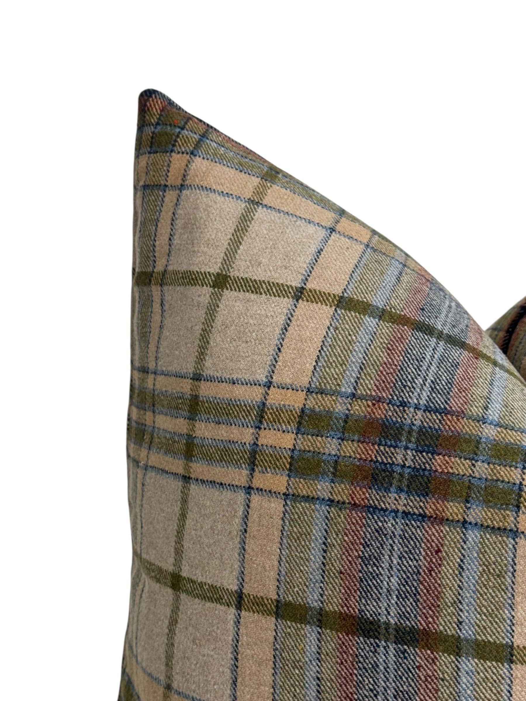 Beige Plaid Pillow Cover, Olive and Blue Check Cushion, Rustic Farmhouse Throw Pillow, Cozy Cabin Decor, Wool-Look Tartan Accent Pillow