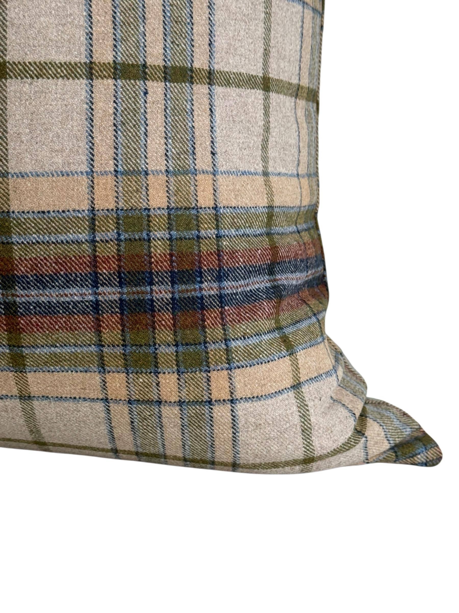 Beige Plaid Pillow Cover, Olive and Blue Check Cushion, Rustic Farmhouse Throw Pillow, Cozy Cabin Decor, Wool-Look Tartan Accent Pillow