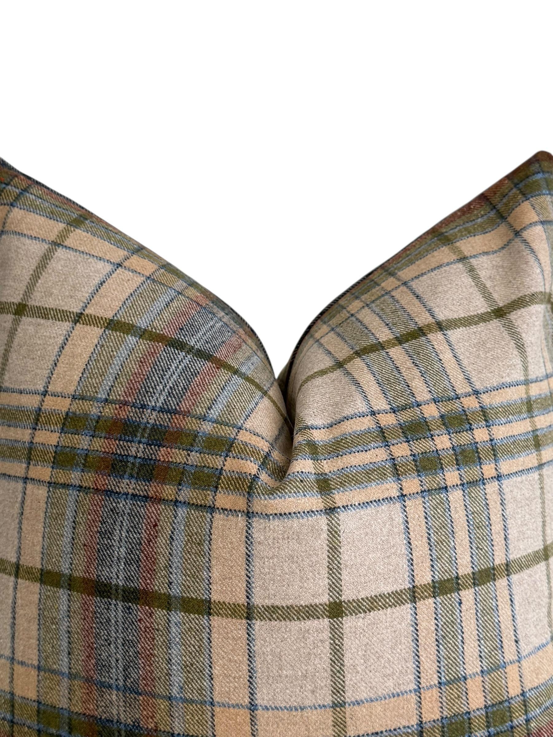 Beige Plaid Pillow Cover, Olive and Blue Check Cushion, Rustic Farmhouse Throw Pillow, Cozy Cabin Decor, Wool-Look Tartan Accent Pillow