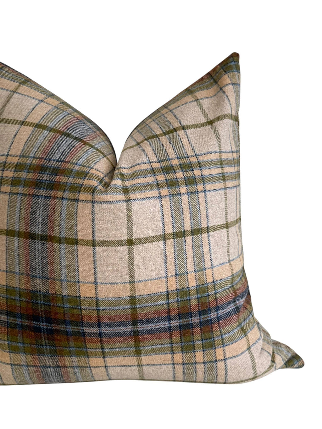 Beige Plaid Pillow Cover, Olive and Blue Check Cushion, Rustic Farmhouse Throw Pillow, Cozy Cabin Decor, Wool-Look Tartan Accent Pillow