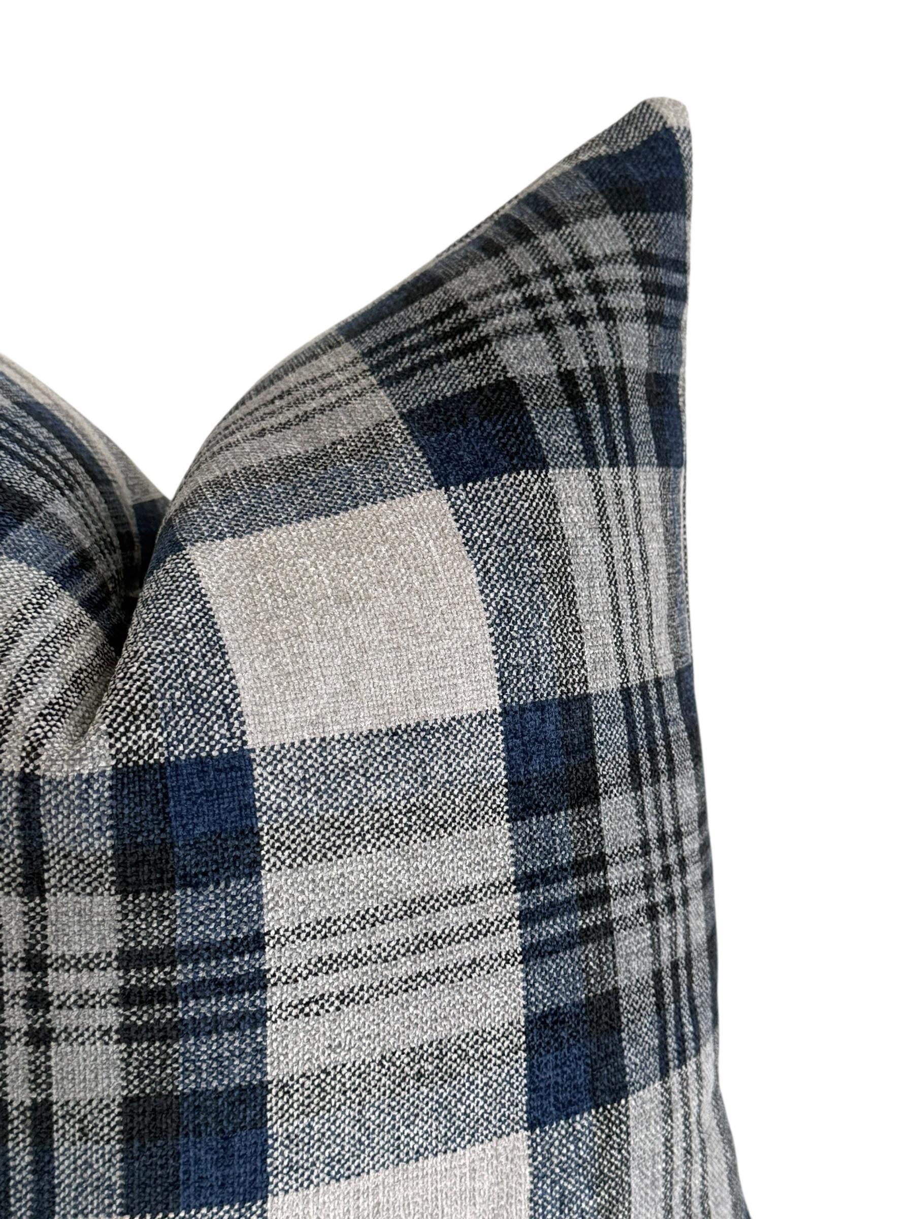 Blue and Gray Plaid Pillow Cover, Wool-Look Check Cushion, Modern Farmhouse Throw Pillow, Cozy Cabin Decor, Navy Tartan Accent Pillow