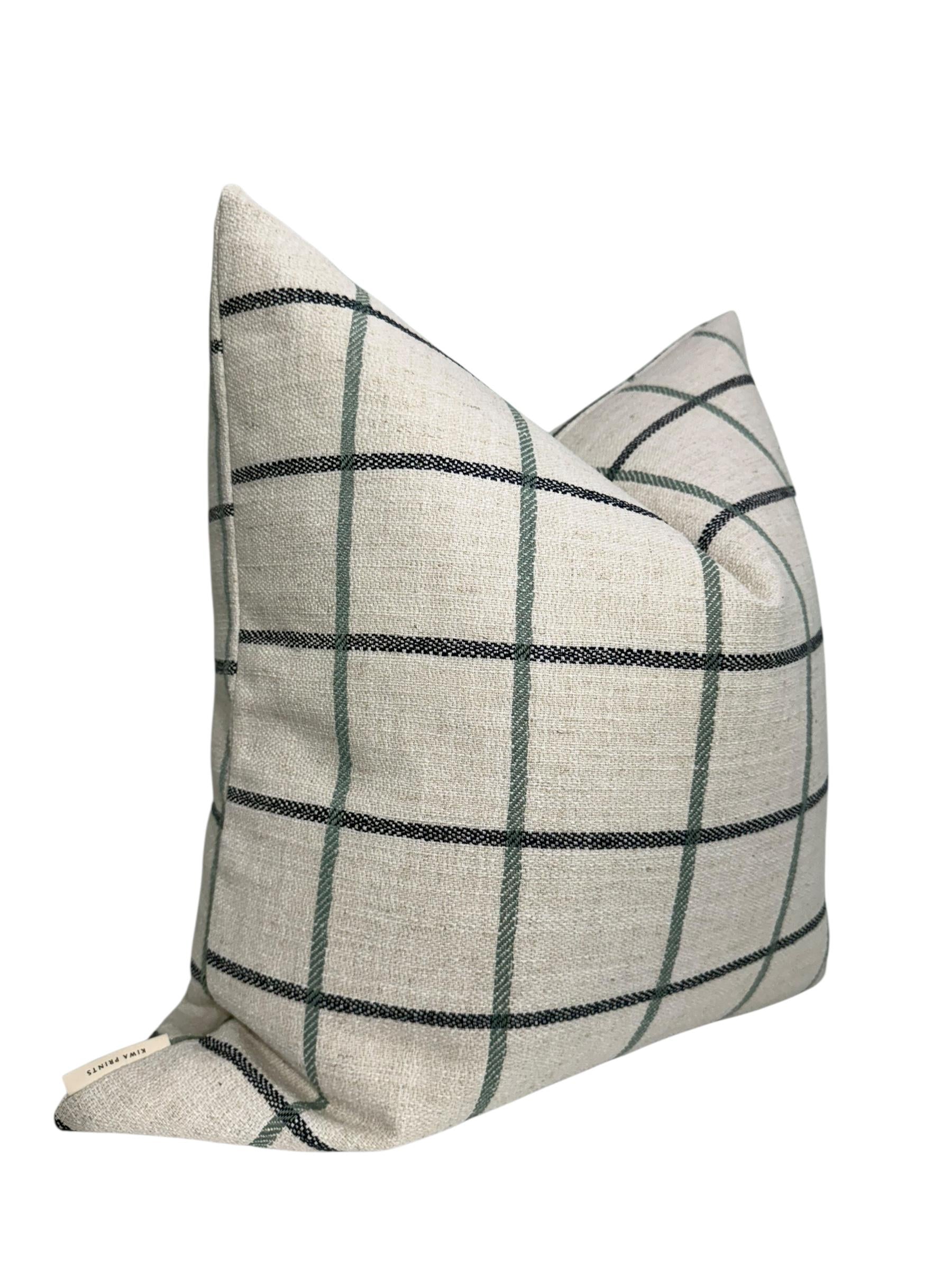 Cream Plaid Pillow Cover: Modern Farmhouse Green-Blue Check Cushion