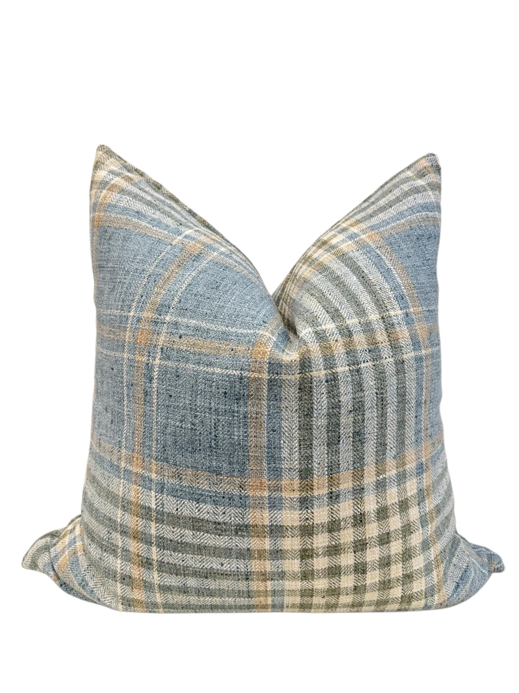 Blue Plaid Pillow Cover, Coastal Farmhouse Accent, Handmade USA