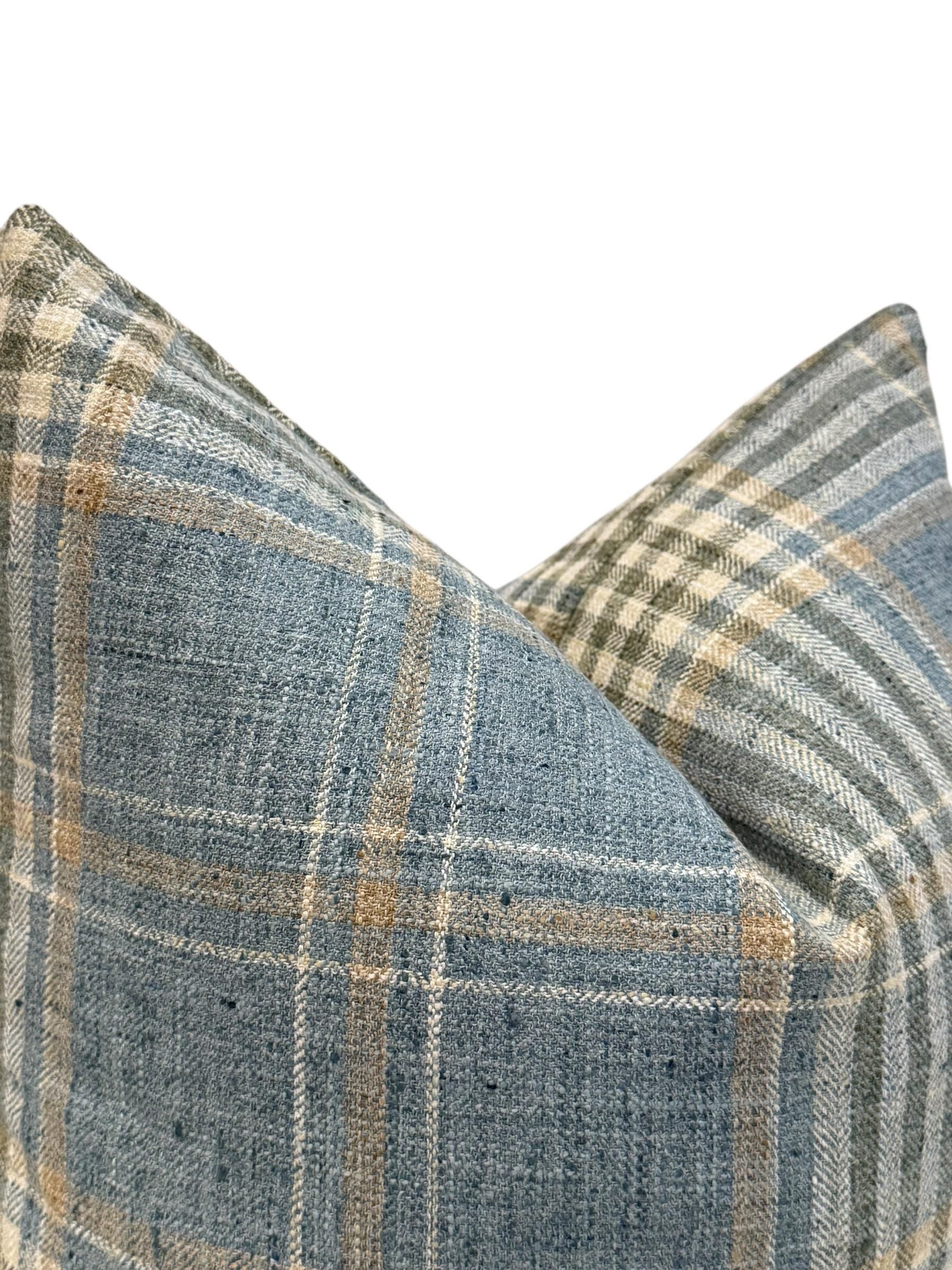 Blue Plaid Pillow Cover, Coastal Farmhouse Accent, Handmade USA