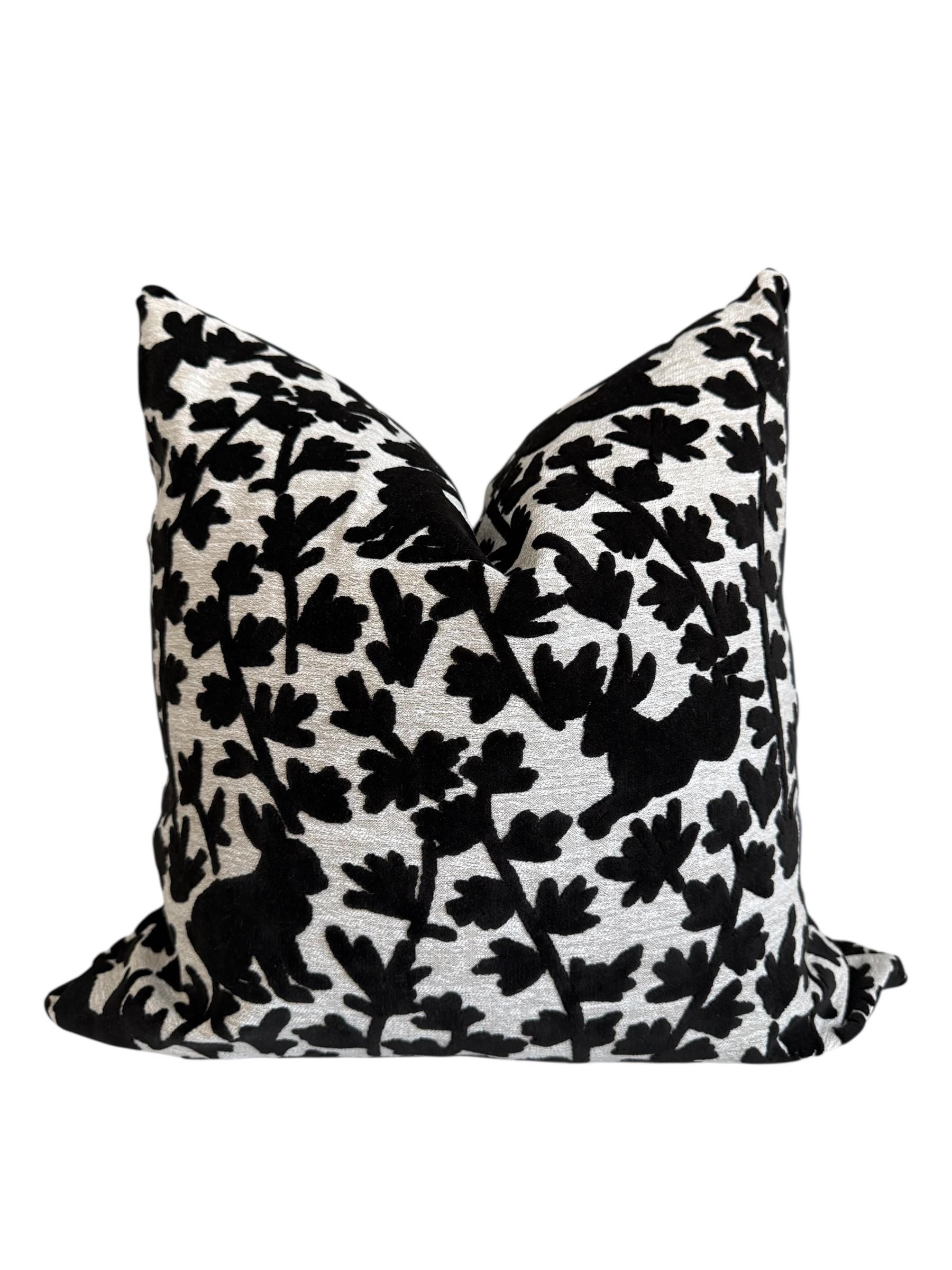 Velvet Bunny Botanical Pillow Cover, Raised Black Floral Throw Cushion