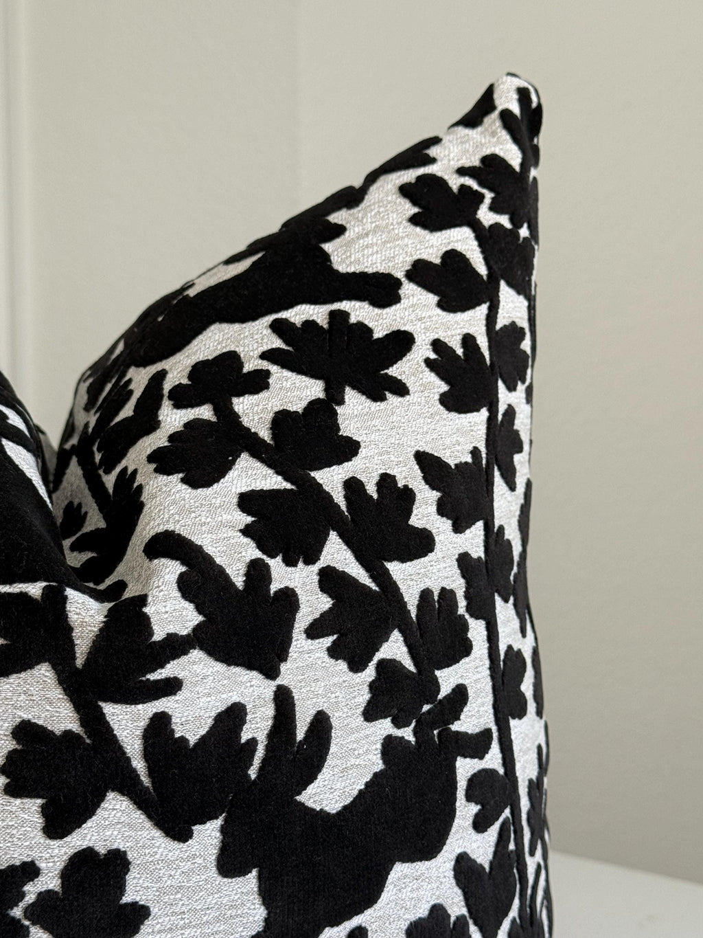 Velvet Bunny Botanical Pillow Cover, Raised Black Floral Throw Cushion