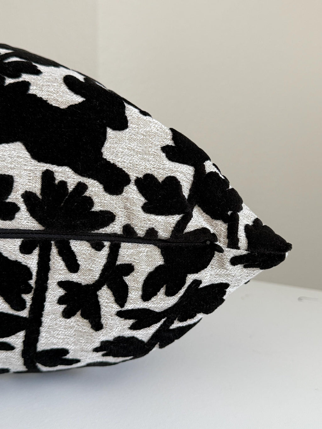 Velvet Bunny Botanical Pillow Cover, Raised Black Floral Throw Cushion