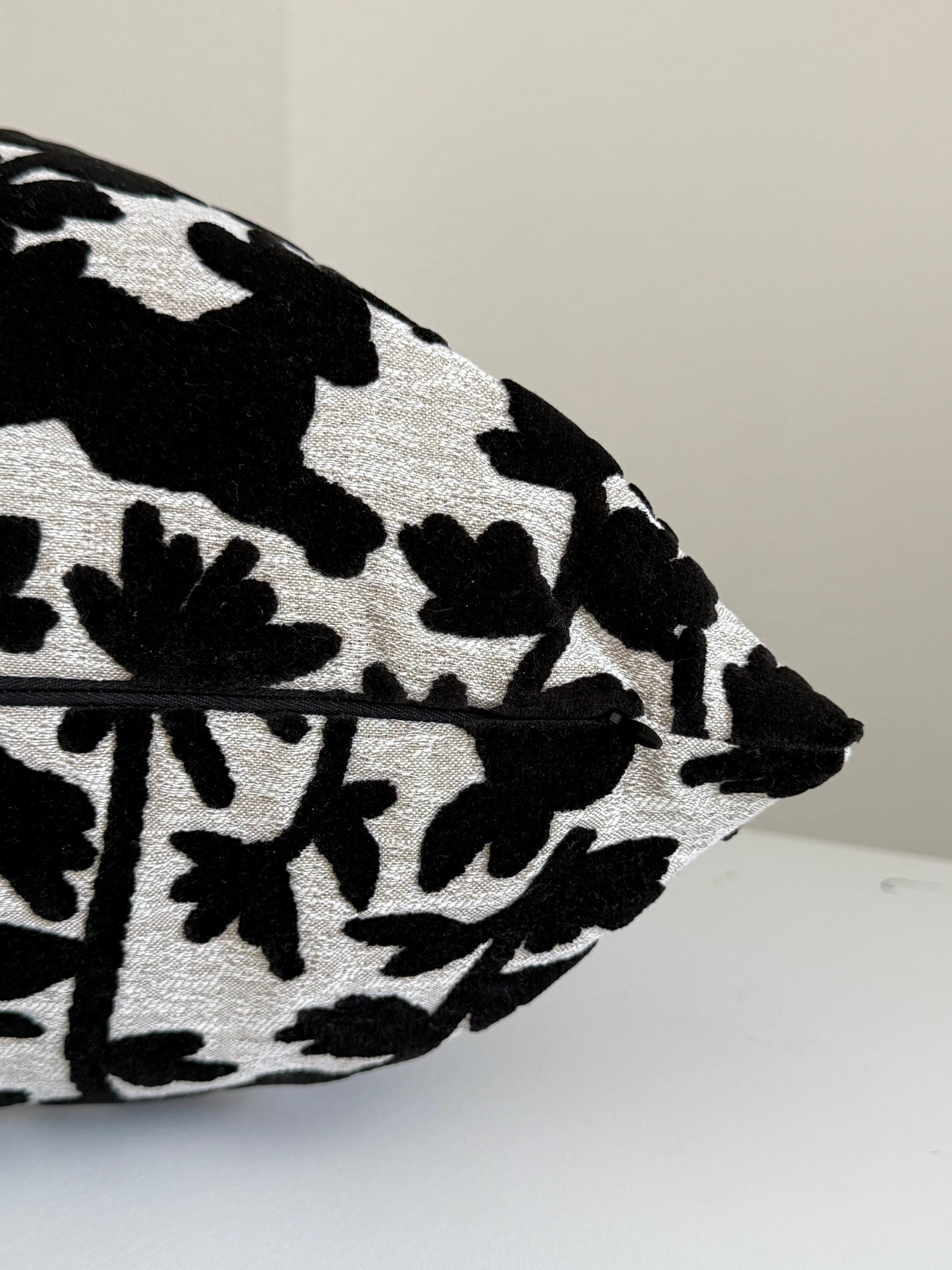 Velvet Bunny Botanical Pillow Cover, Raised Black Floral Throw Cushion