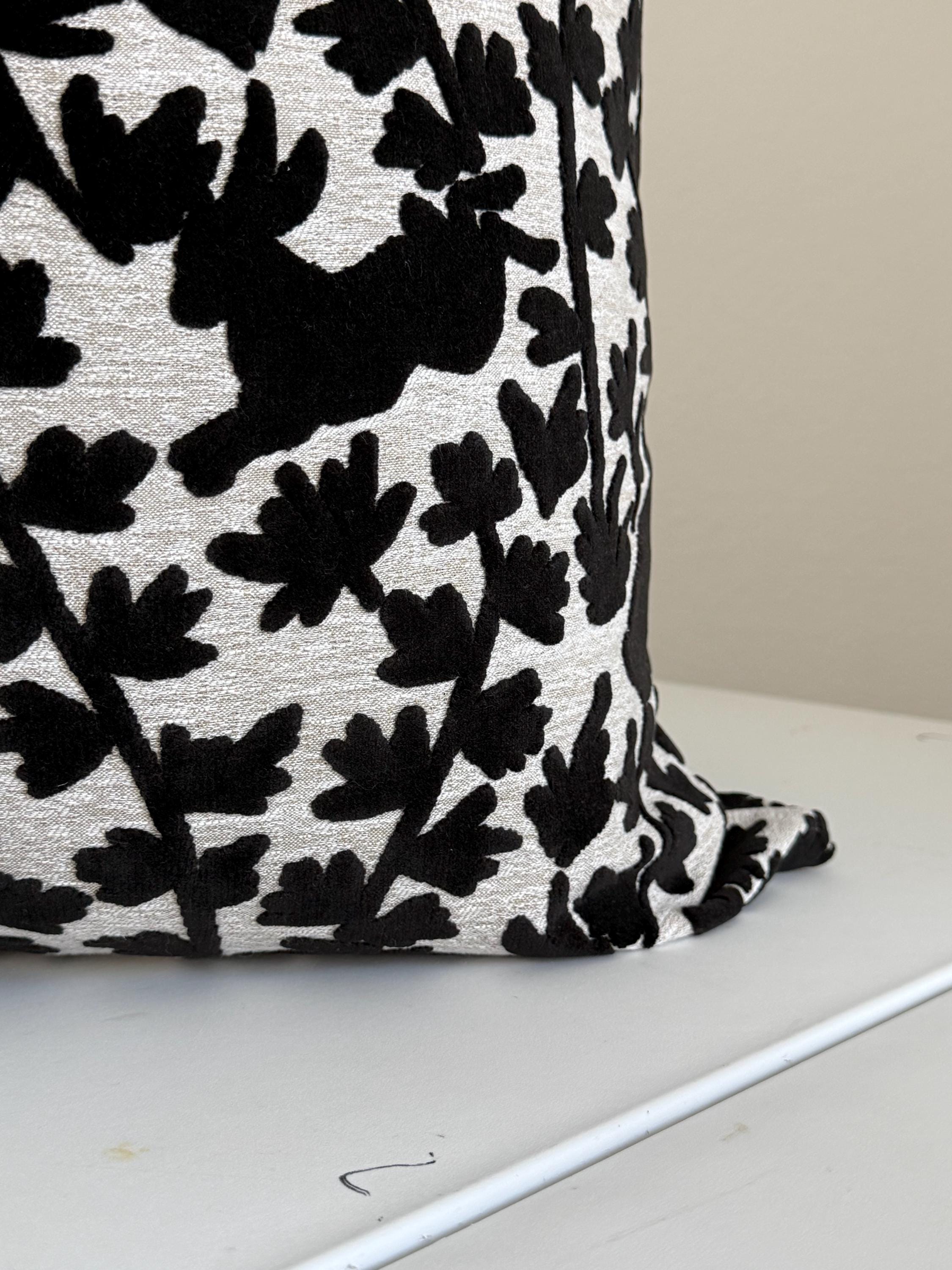 Velvet Bunny Botanical Pillow Cover, Raised Black Floral Throw Cushion