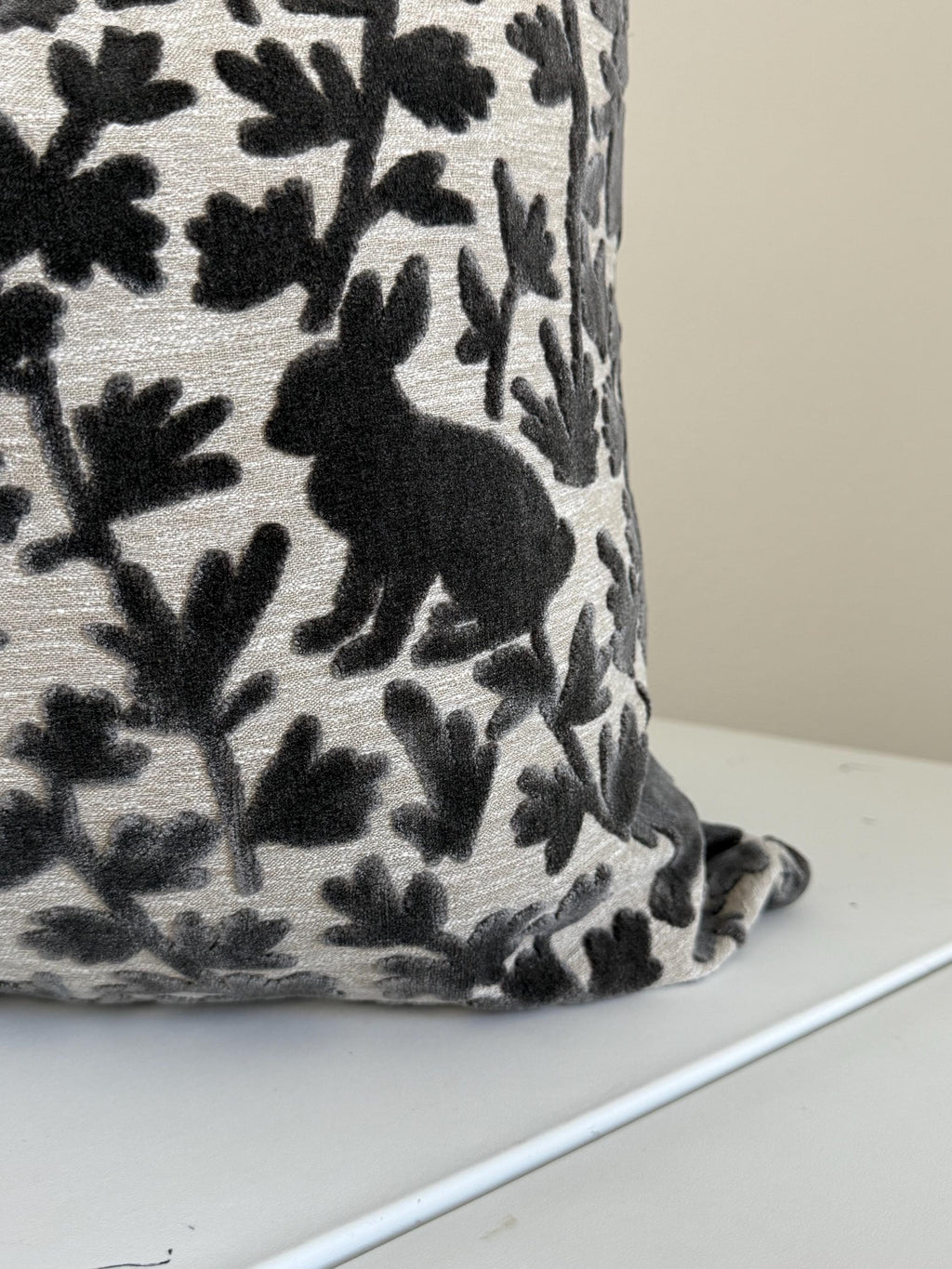 Velvet Bunny Botanical Pillow Cover, Stone Grey Raised Design Cushion