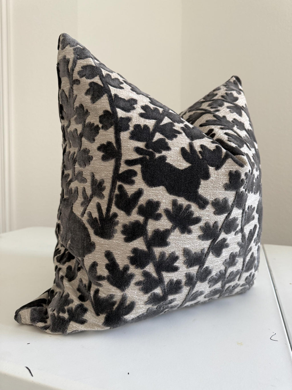 Velvet Bunny Botanical Pillow Cover, Stone Grey Raised Design Cushion