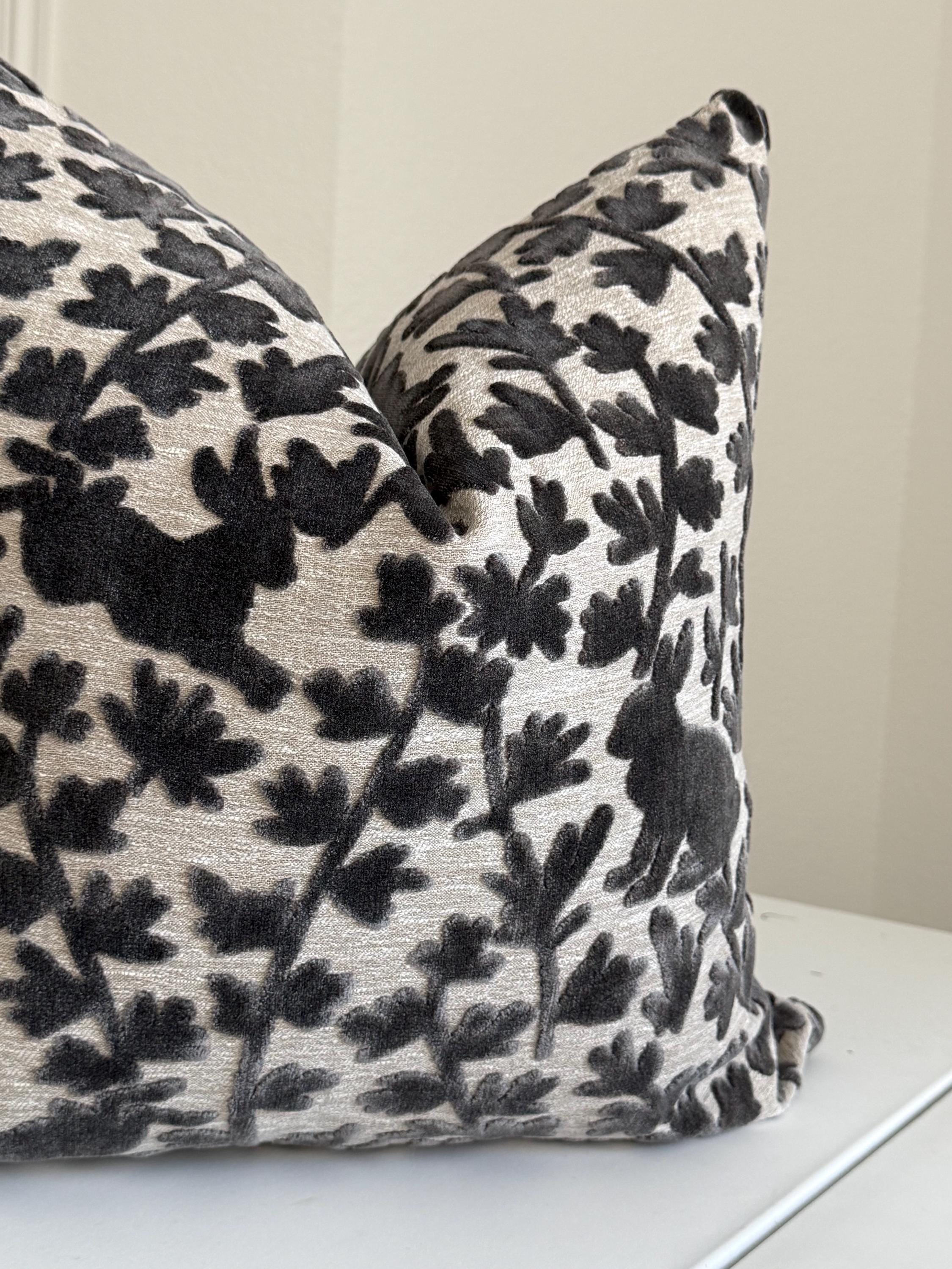 Velvet Bunny Botanical Pillow Cover, Stone Grey Raised Design Cushion