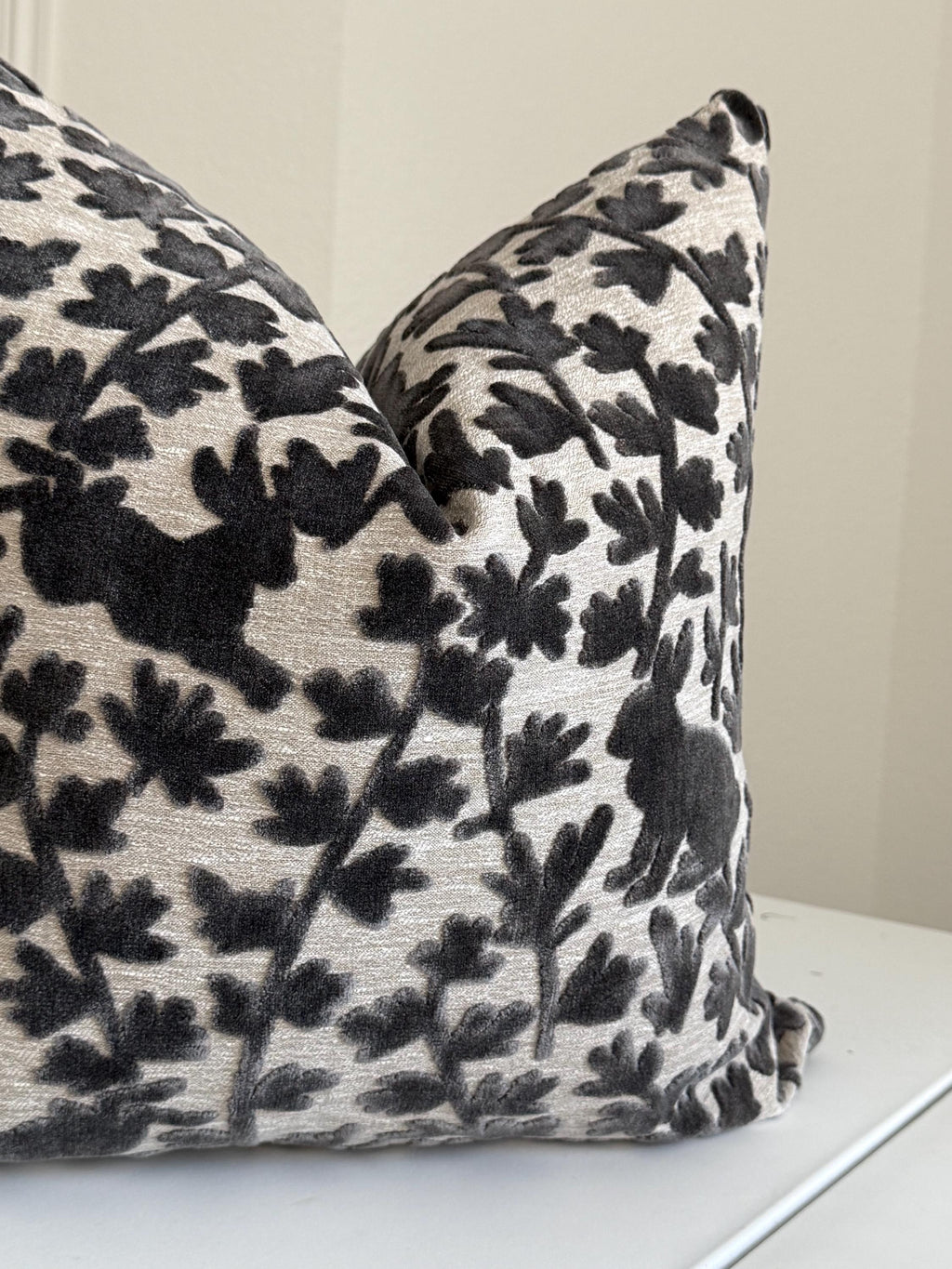 Velvet Bunny Botanical Pillow Cover, Stone Grey Raised Design Cushion