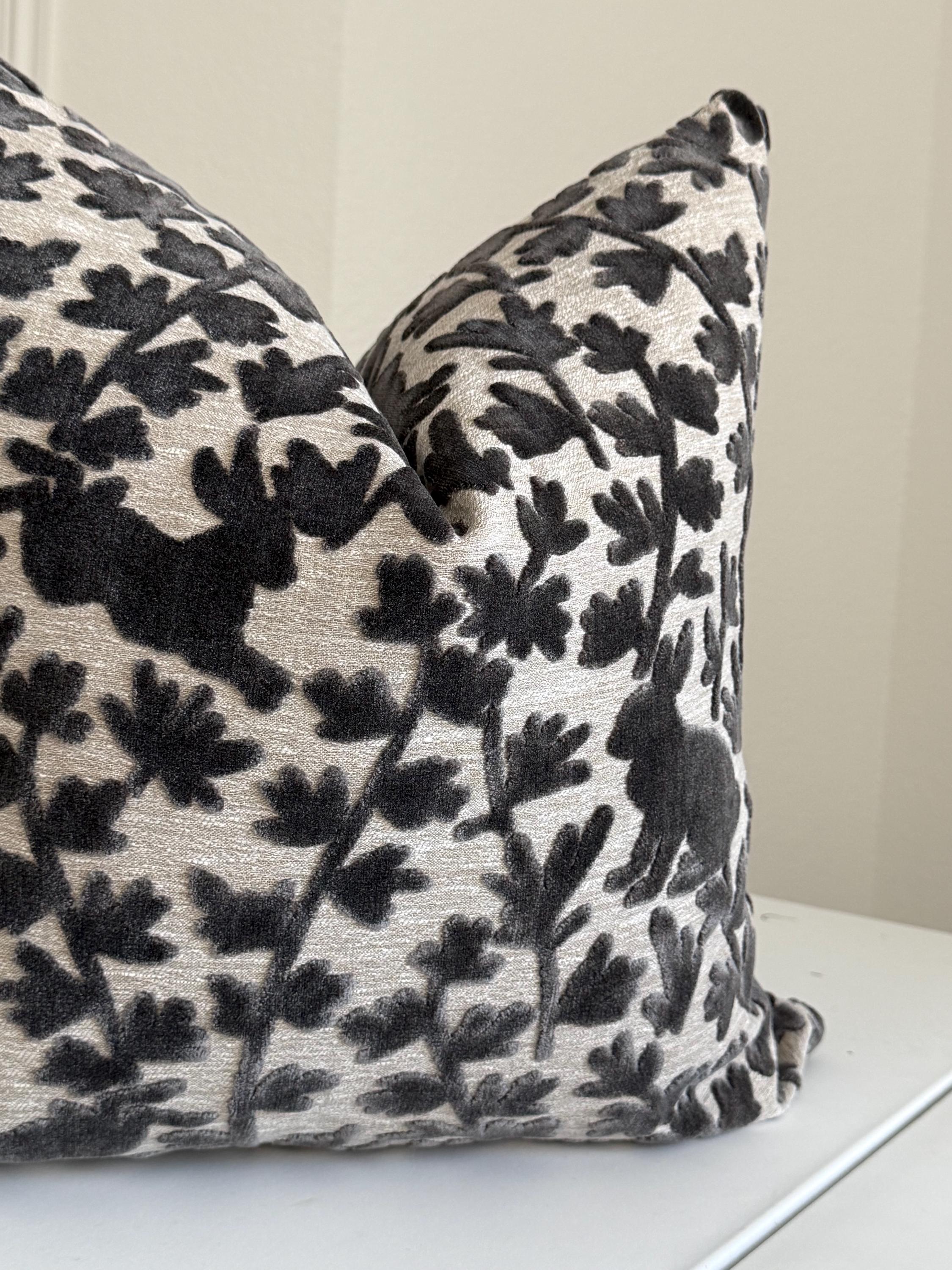 Velvet Bunny Botanical Pillow Cover, Stone Grey Raised Design Cushion