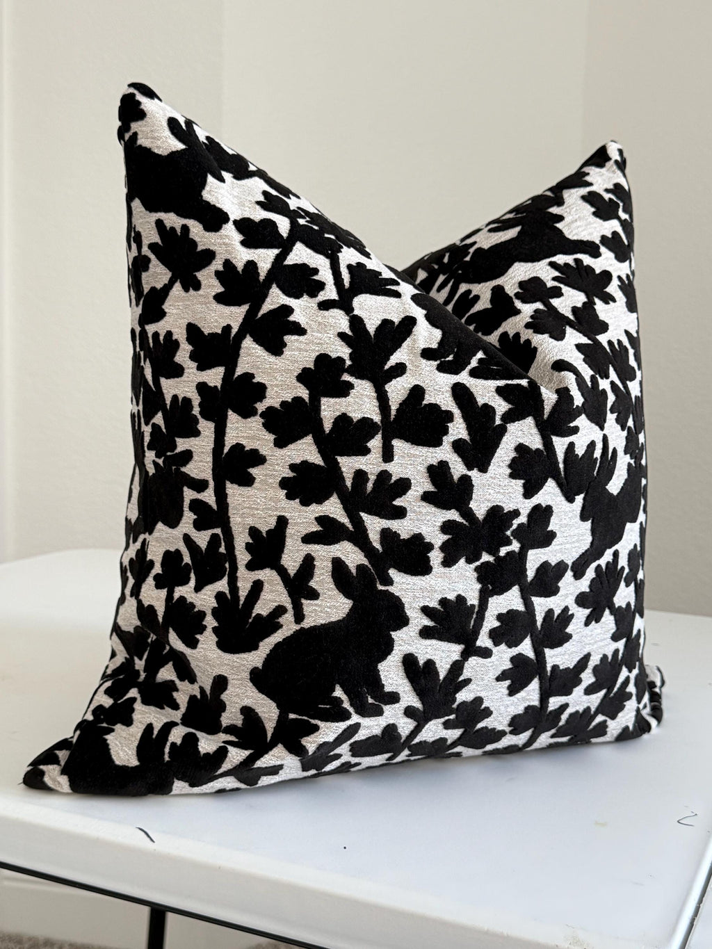Velvet Bunny Botanical Pillow Cover, Raised Black Floral Throw Cushion