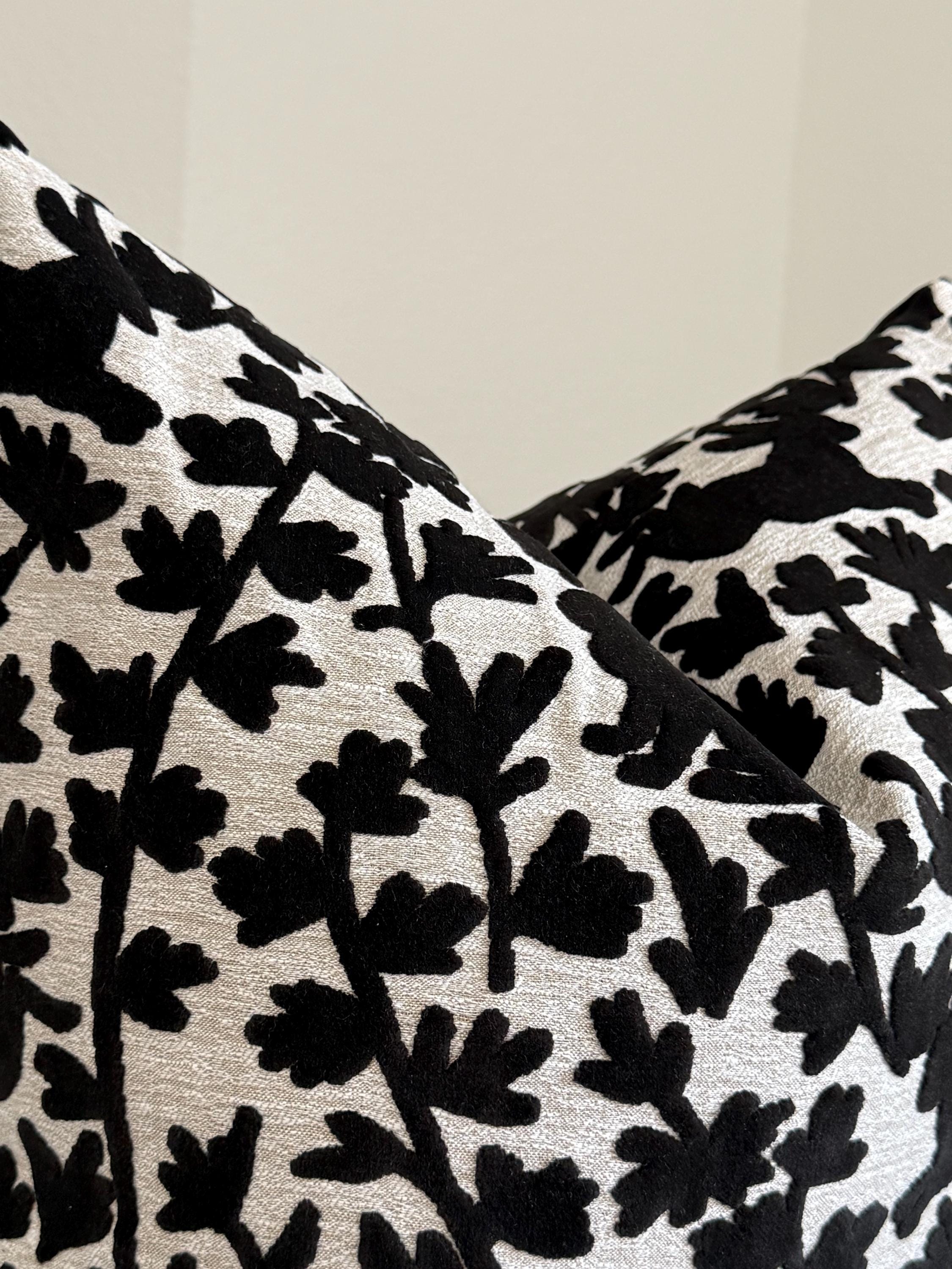 Velvet Bunny Botanical Pillow Cover, Raised Black Floral Throw Cushion