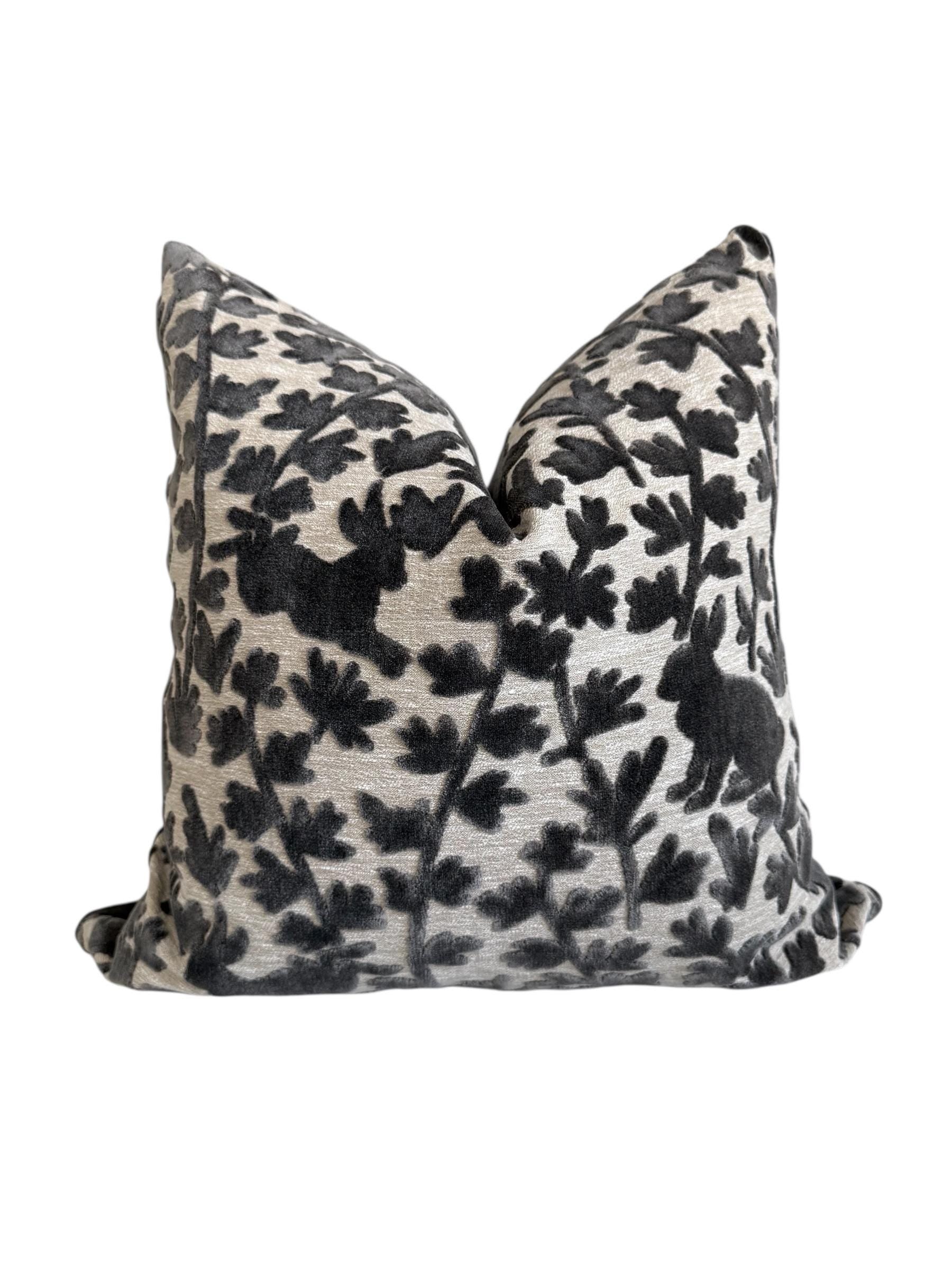 Velvet Bunny Botanical Pillow Cover, Stone Grey Raised Design Cushion