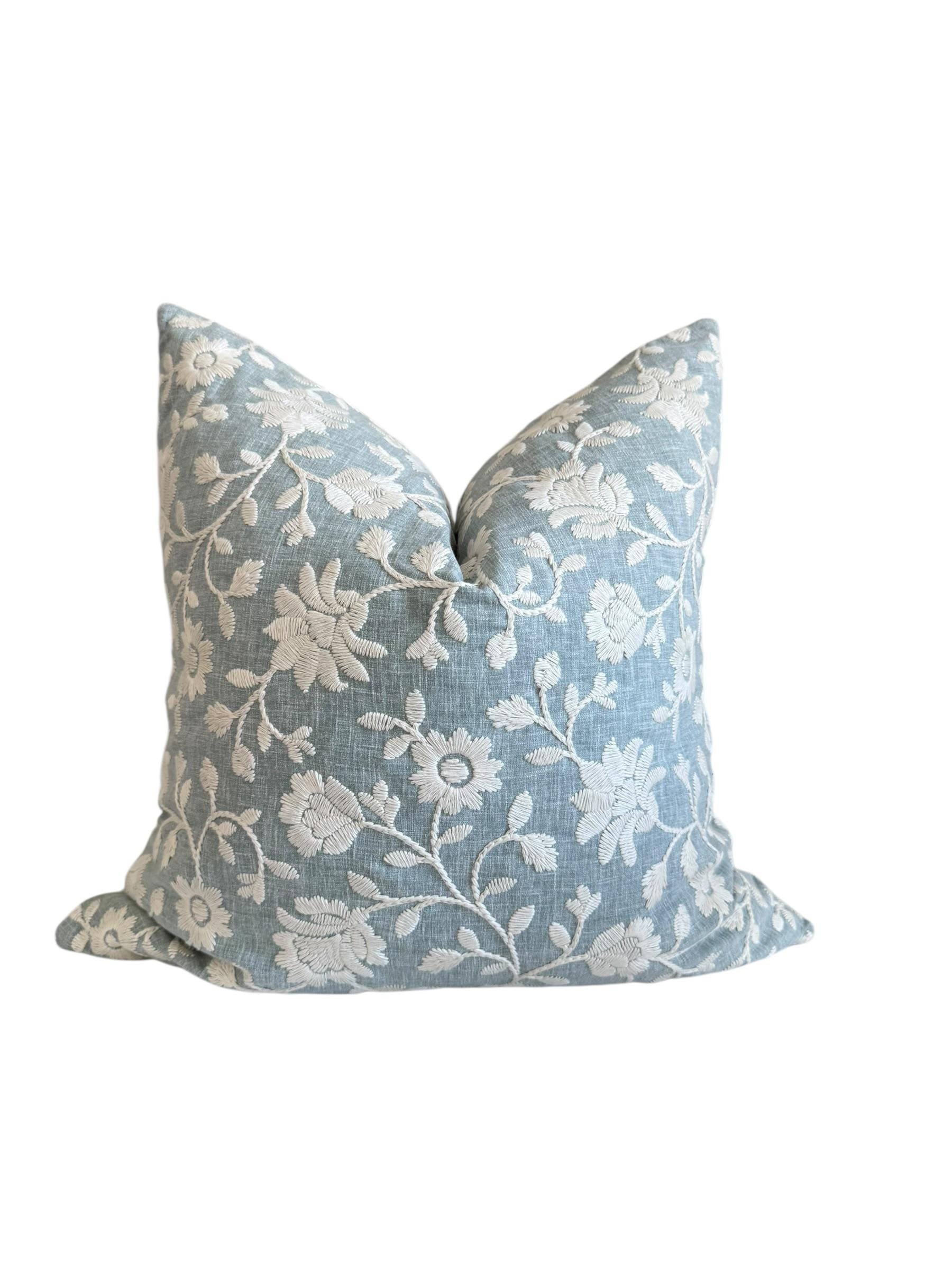 Embroidered Floral Pillow Cover, Light Blue Coastal Cushion, Handmade USA