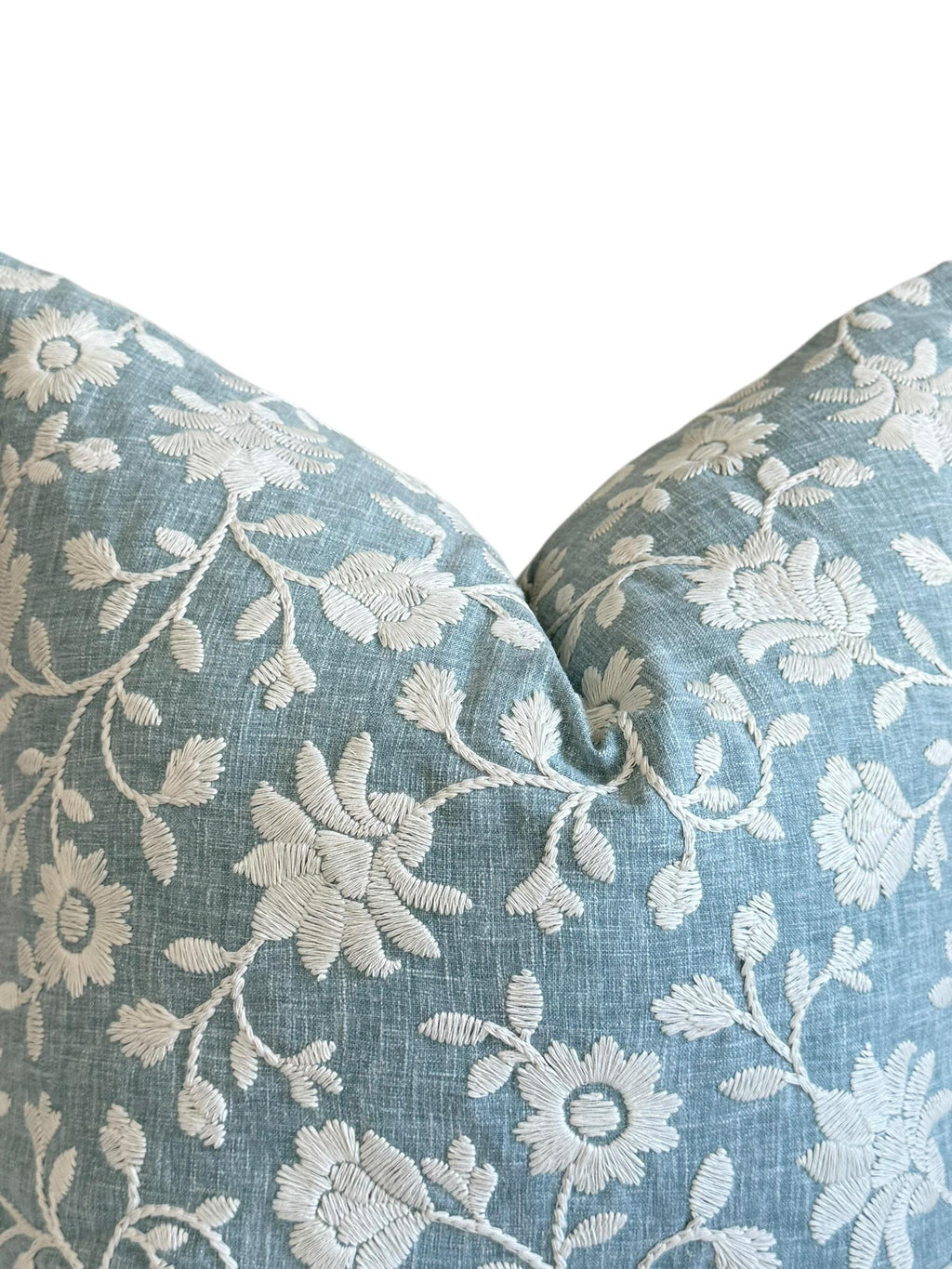 Embroidered Floral Pillow Cover, Light Blue Coastal Cushion, Handmade USA