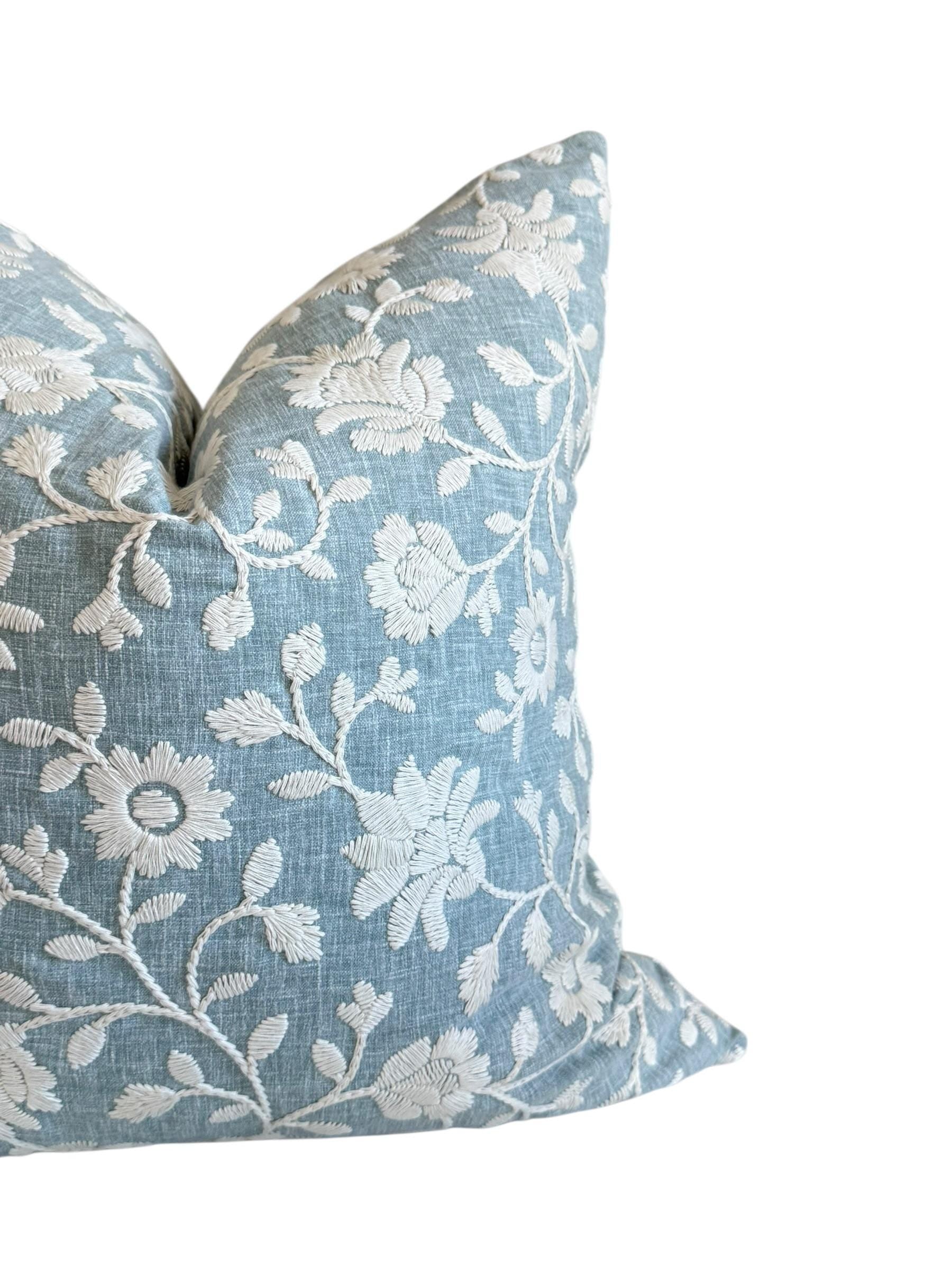 Embroidered Floral Pillow Cover, Light Blue Coastal Cushion, Handmade USA