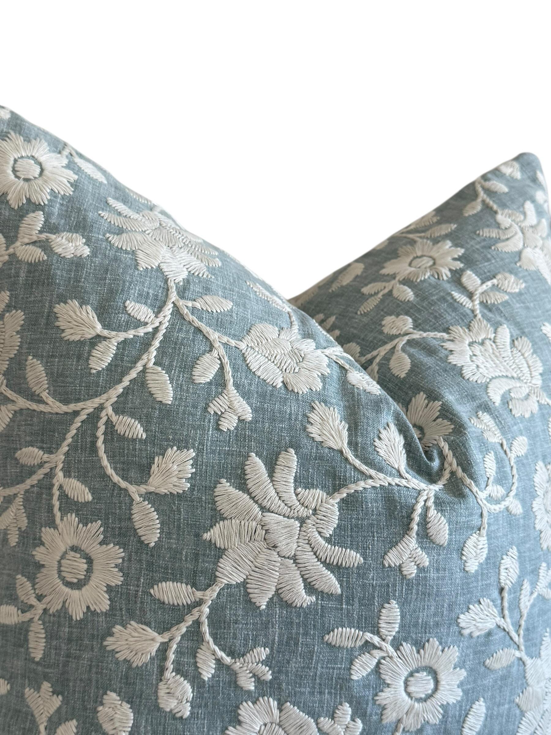 Embroidered Floral Pillow Cover, Light Blue Coastal Cushion, Handmade USA