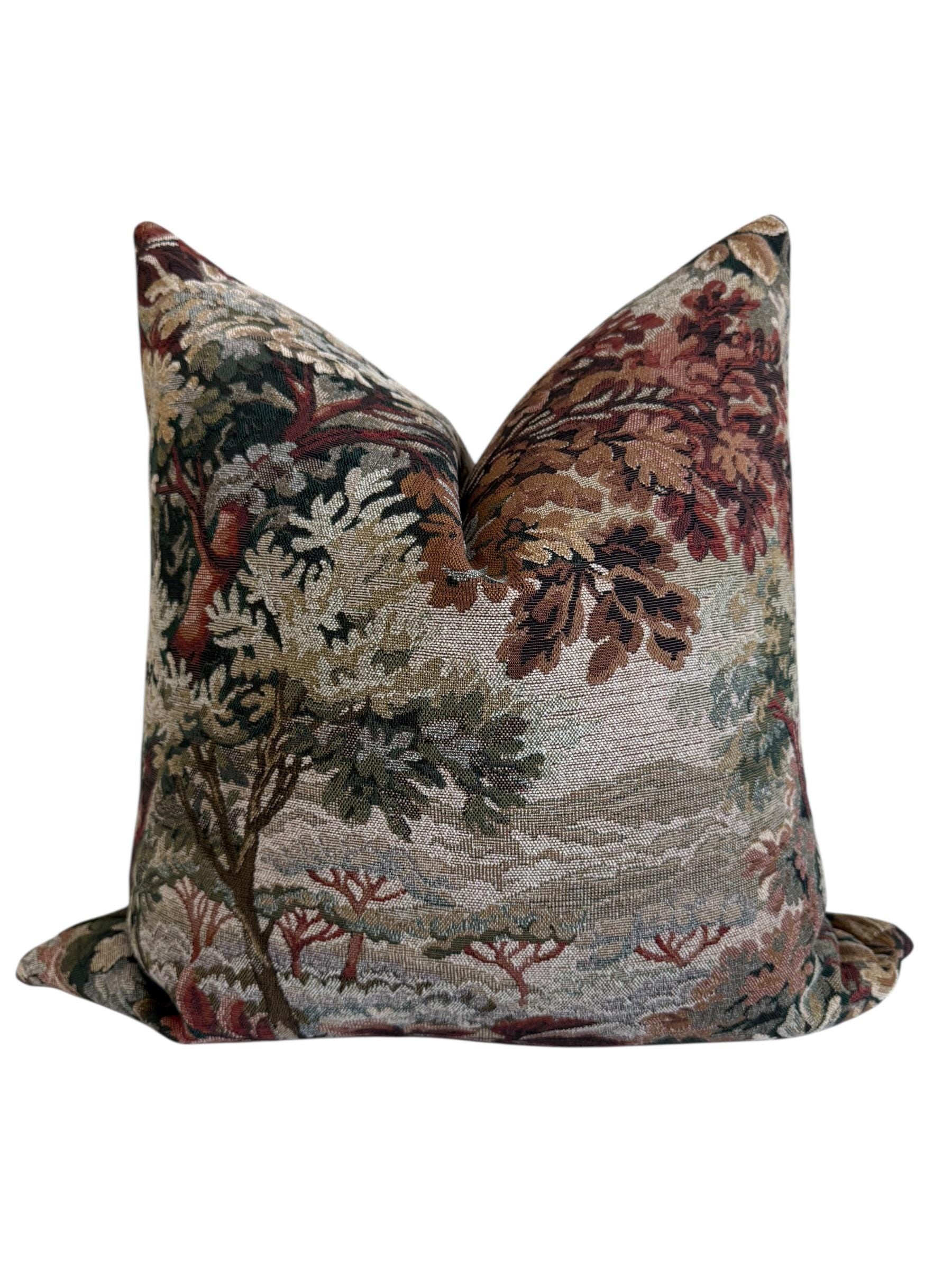 Vintage Landscape Tapestry Pillow Cover, European Floral Scenic Cushion, Handmade USA