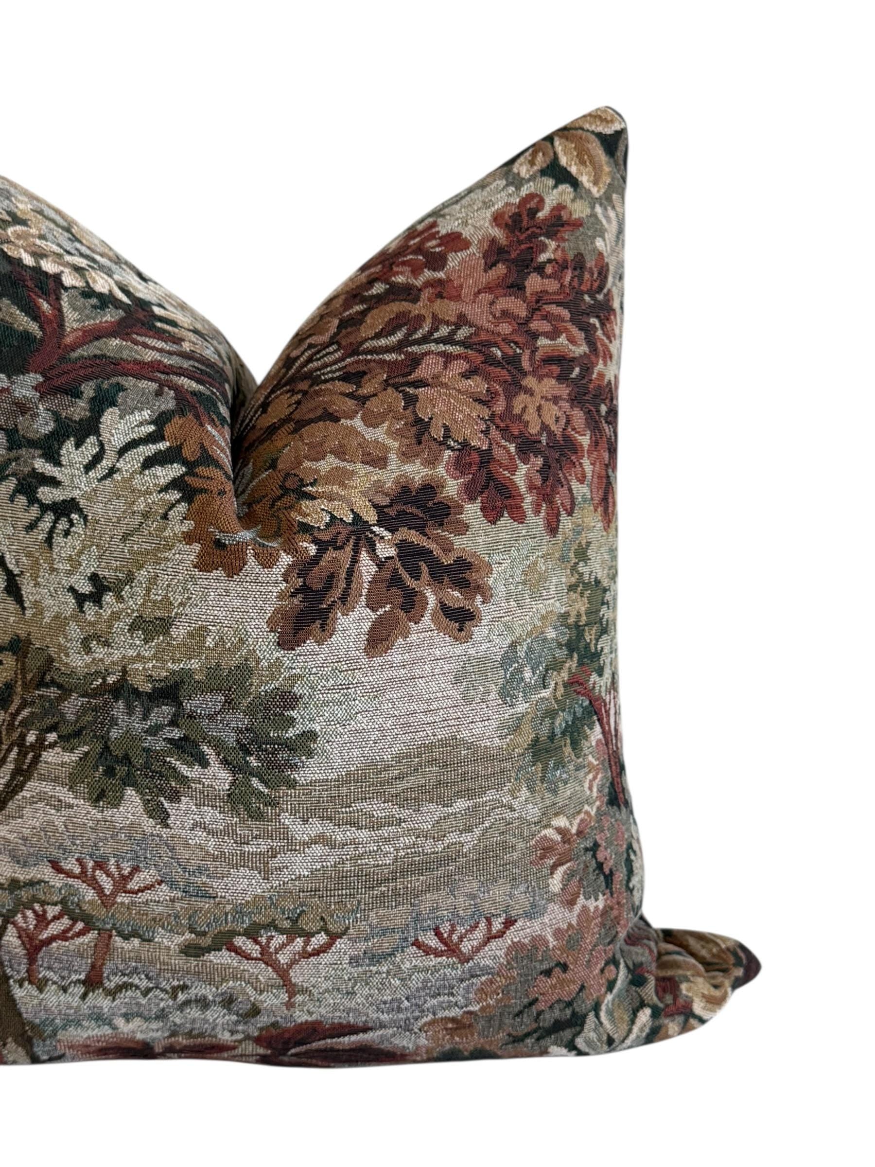 Vintage Landscape Tapestry Pillow Cover, European Floral Scenic Cushion, Handmade USA