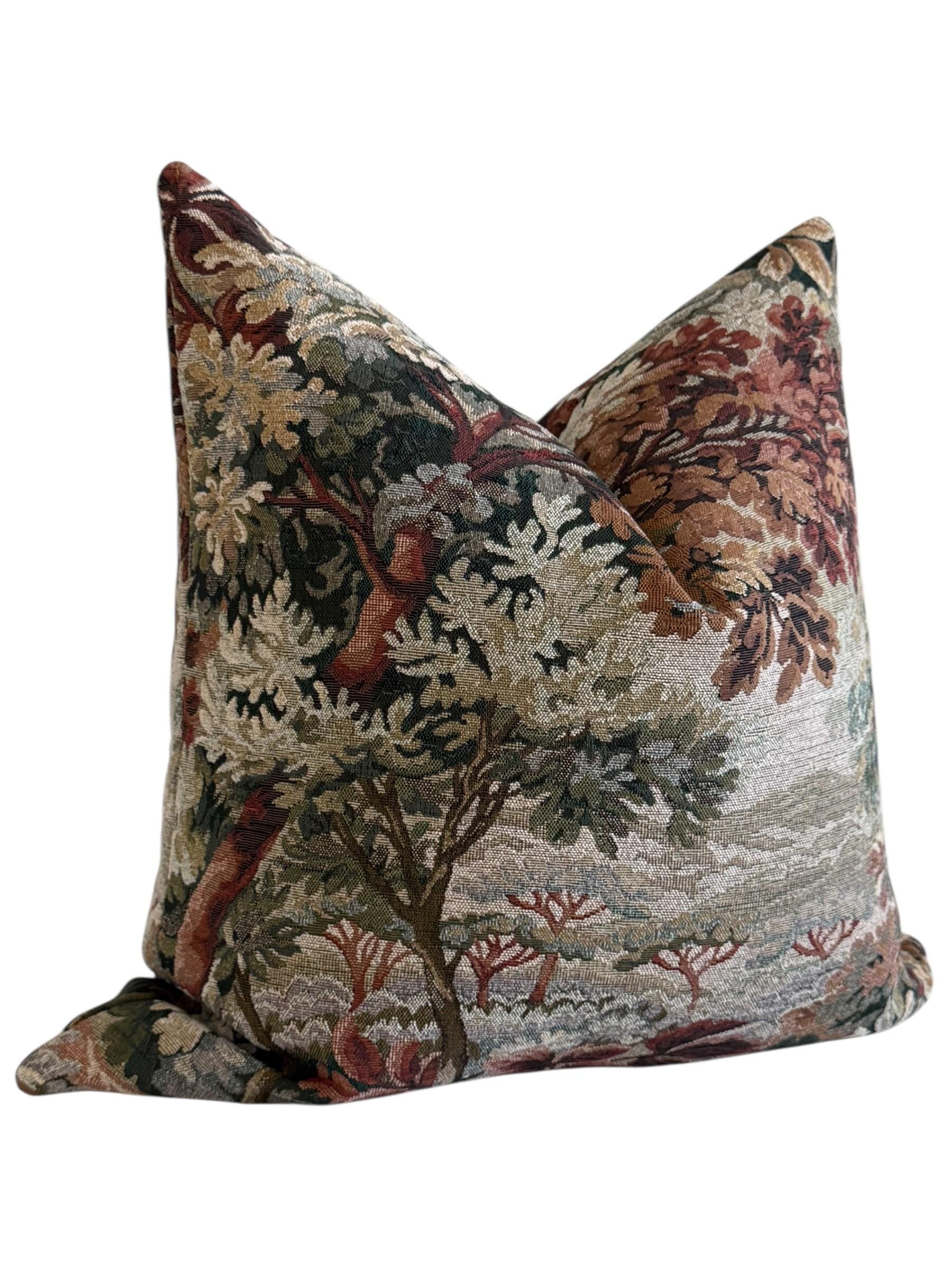 Vintage Landscape Tapestry Pillow Cover, European Floral Scenic Cushion, Handmade USA