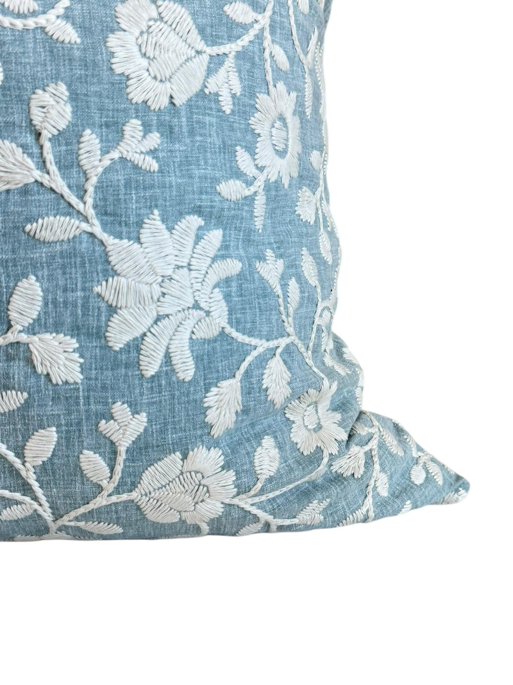 Embroidered Floral Pillow Cover, Light Blue Coastal Cushion, Handmade USA