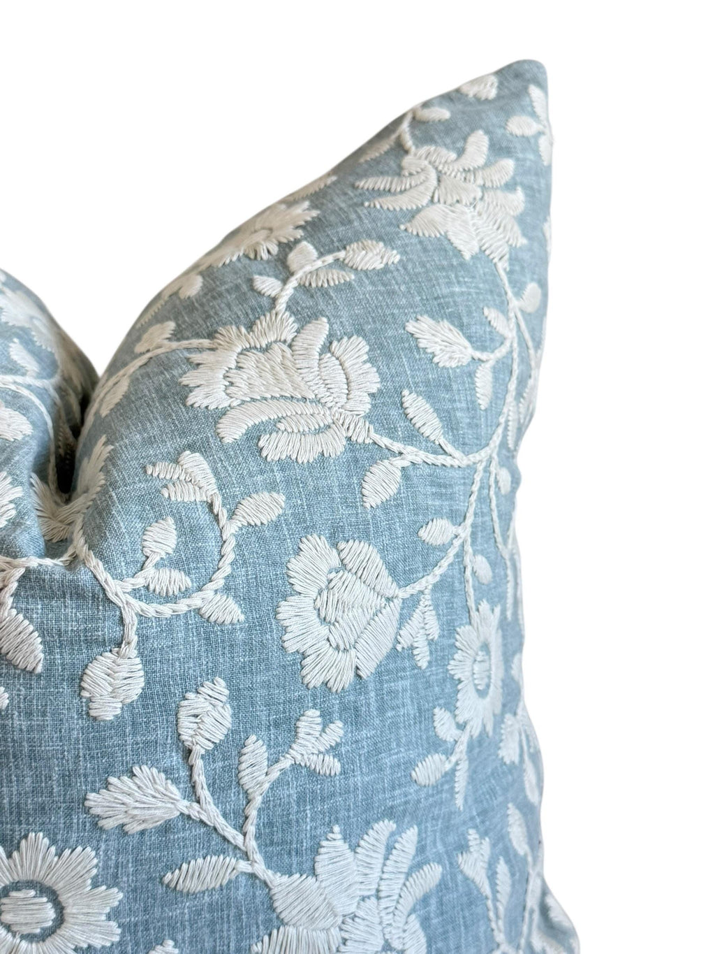 Embroidered Floral Pillow Cover, Light Blue Coastal Cushion, Handmade USA