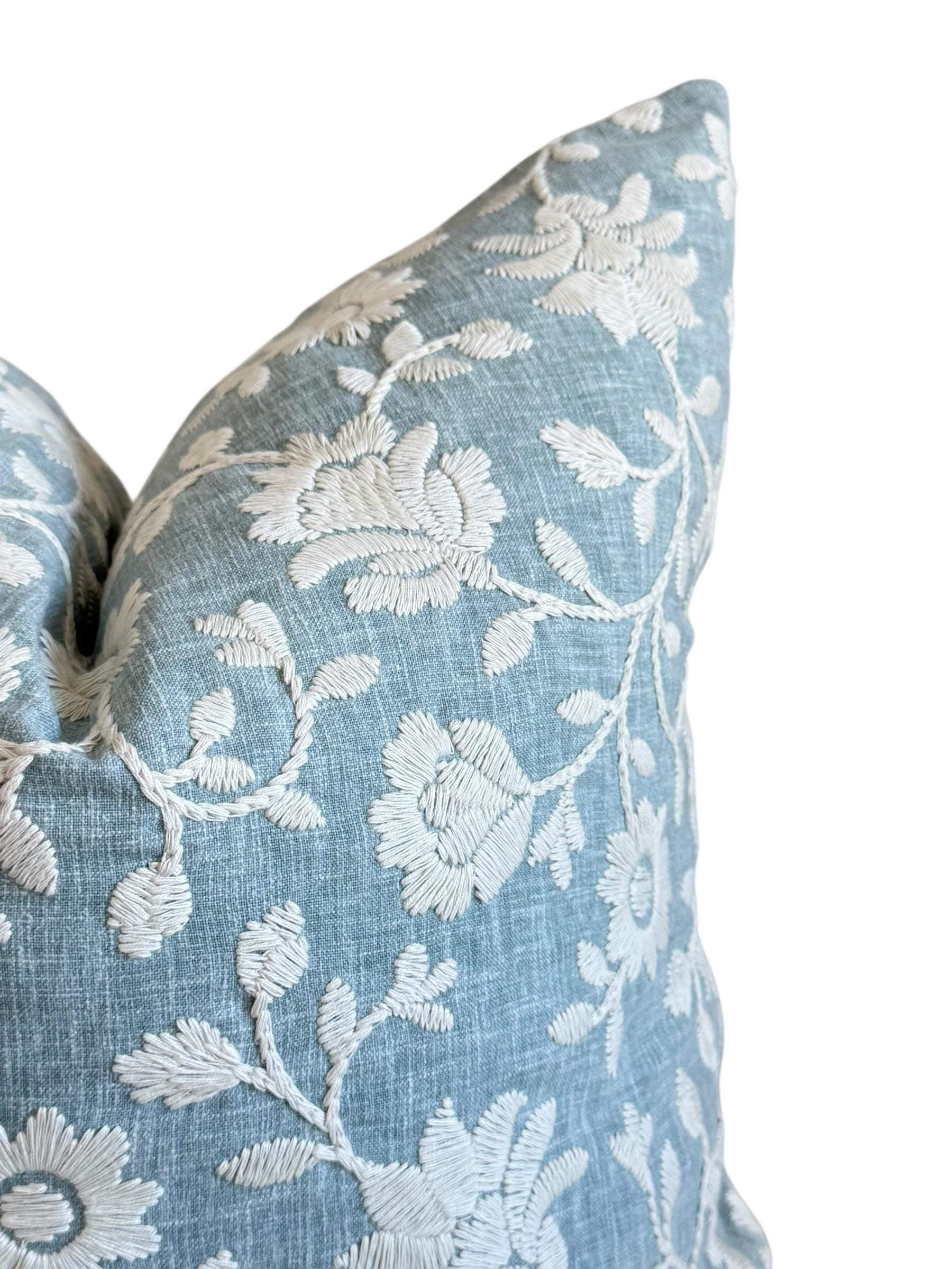 Embroidered Floral Pillow Cover, Light Blue Coastal Cushion, Handmade USA