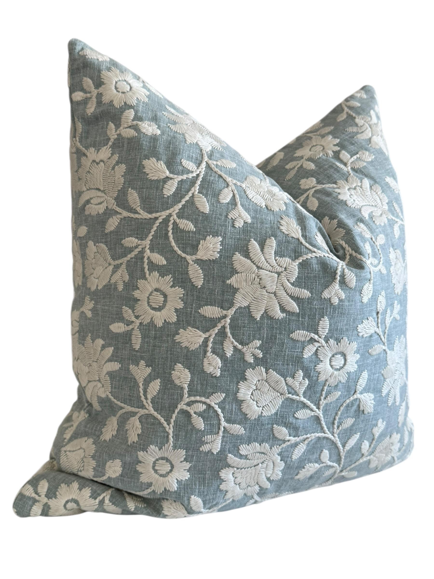 Embroidered Floral Pillow Cover, Light Blue Coastal Cushion, Handmade USA
