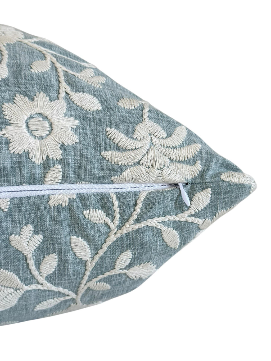 Embroidered Floral Pillow Cover, Light Blue Coastal Cushion, Handmade USA