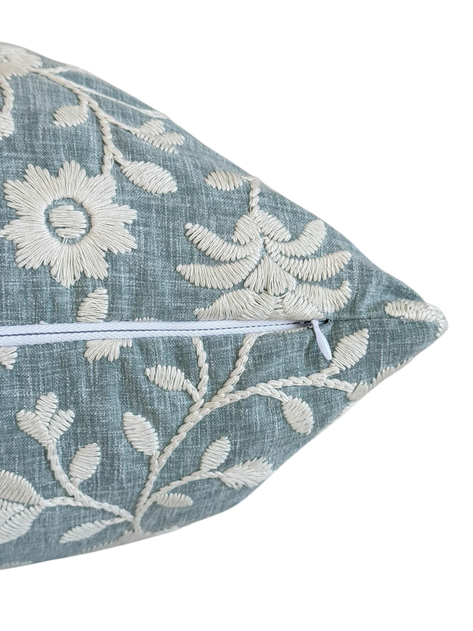 Embroidered Floral Pillow Cover, Light Blue Coastal Cushion, Handmade USA