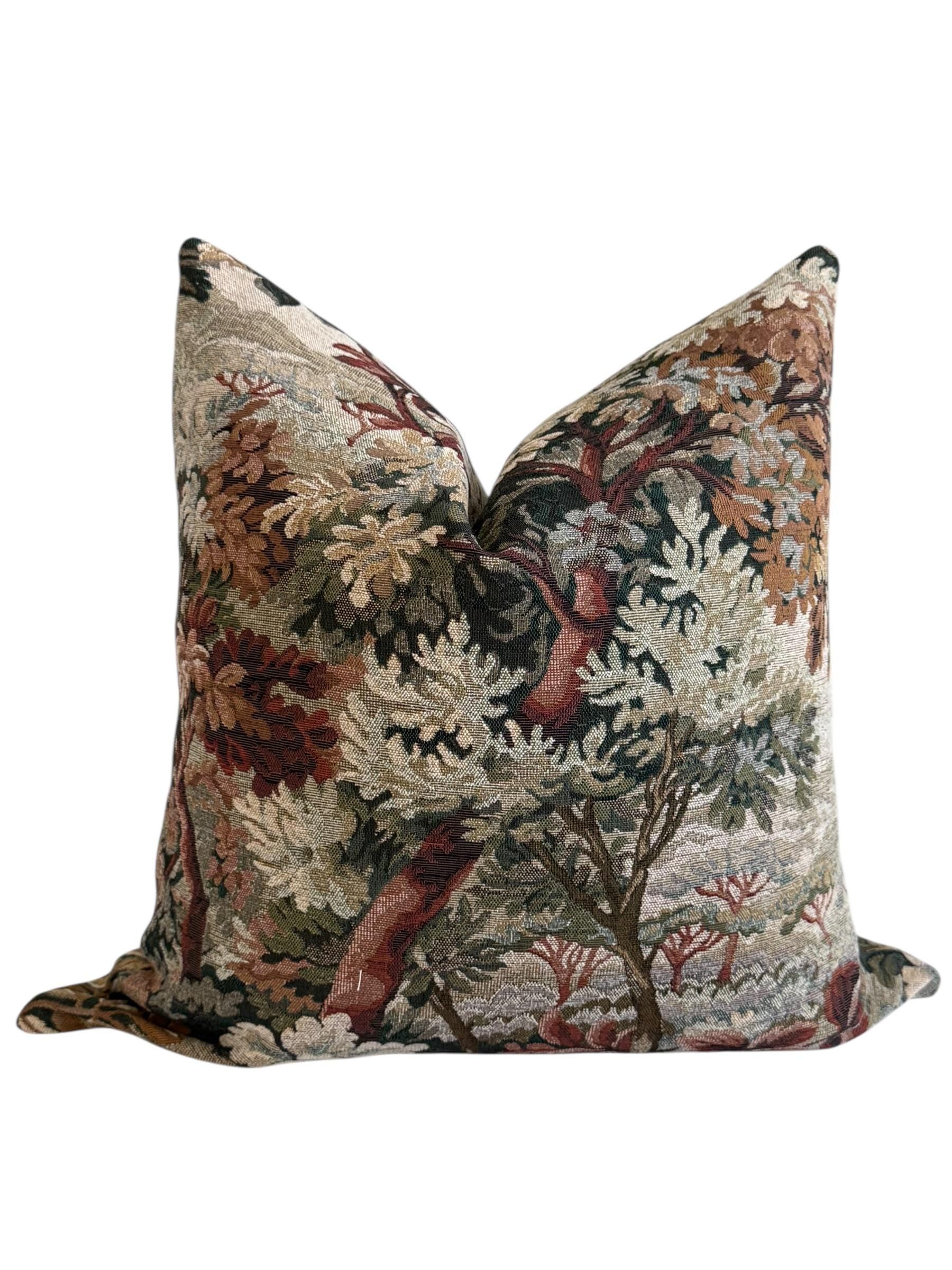 Vintage Landscape Tapestry Pillow Cover, European Floral Scenic Cushion, Handmade USA