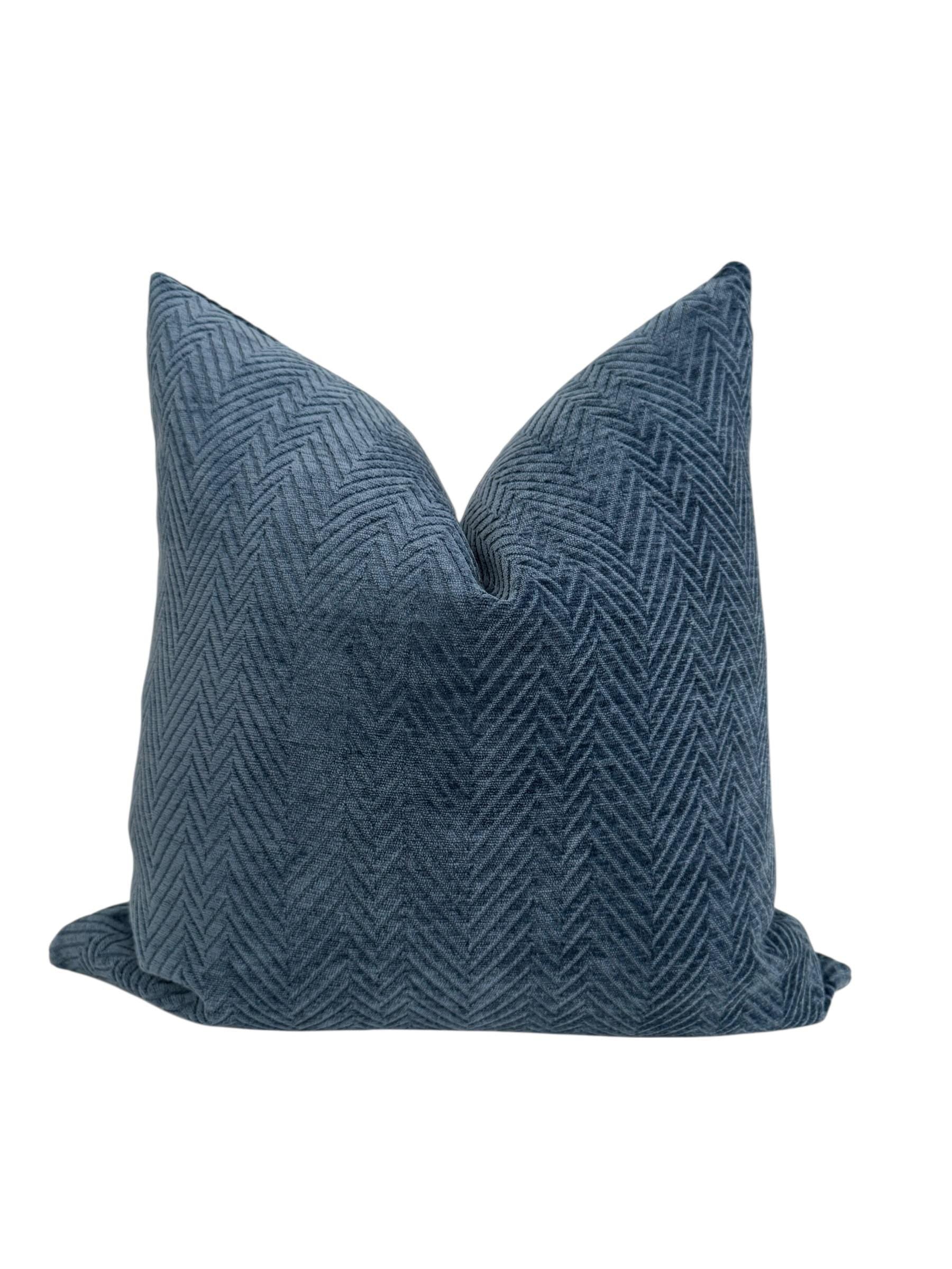 Slate Blue Herringbone Velvet Pillow Cover, Textured Modern Accent Cushion