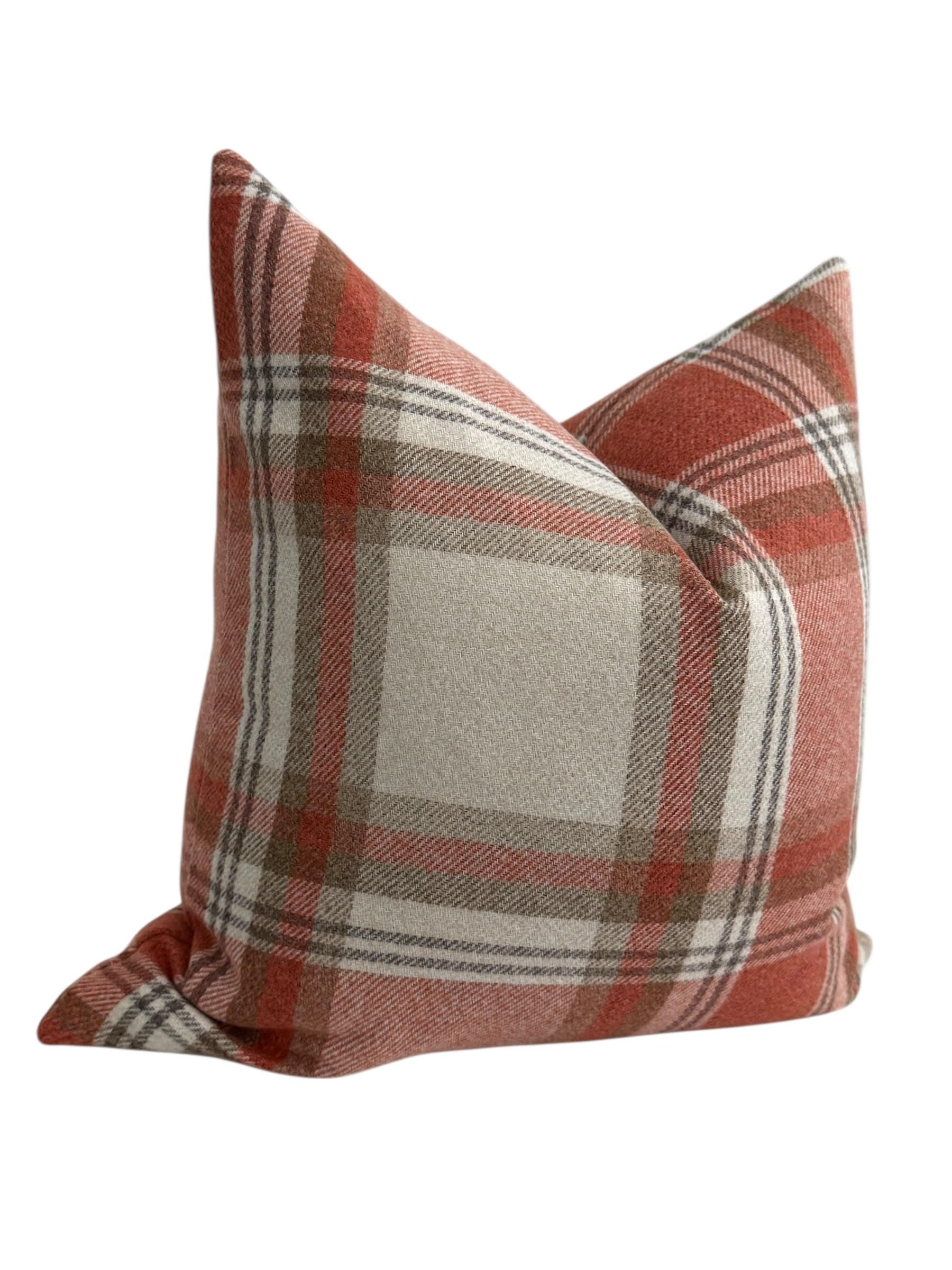 Rust Plaid Pillow Cover, Farmhouse Throw Cushion, Beige Check Autumn Decor