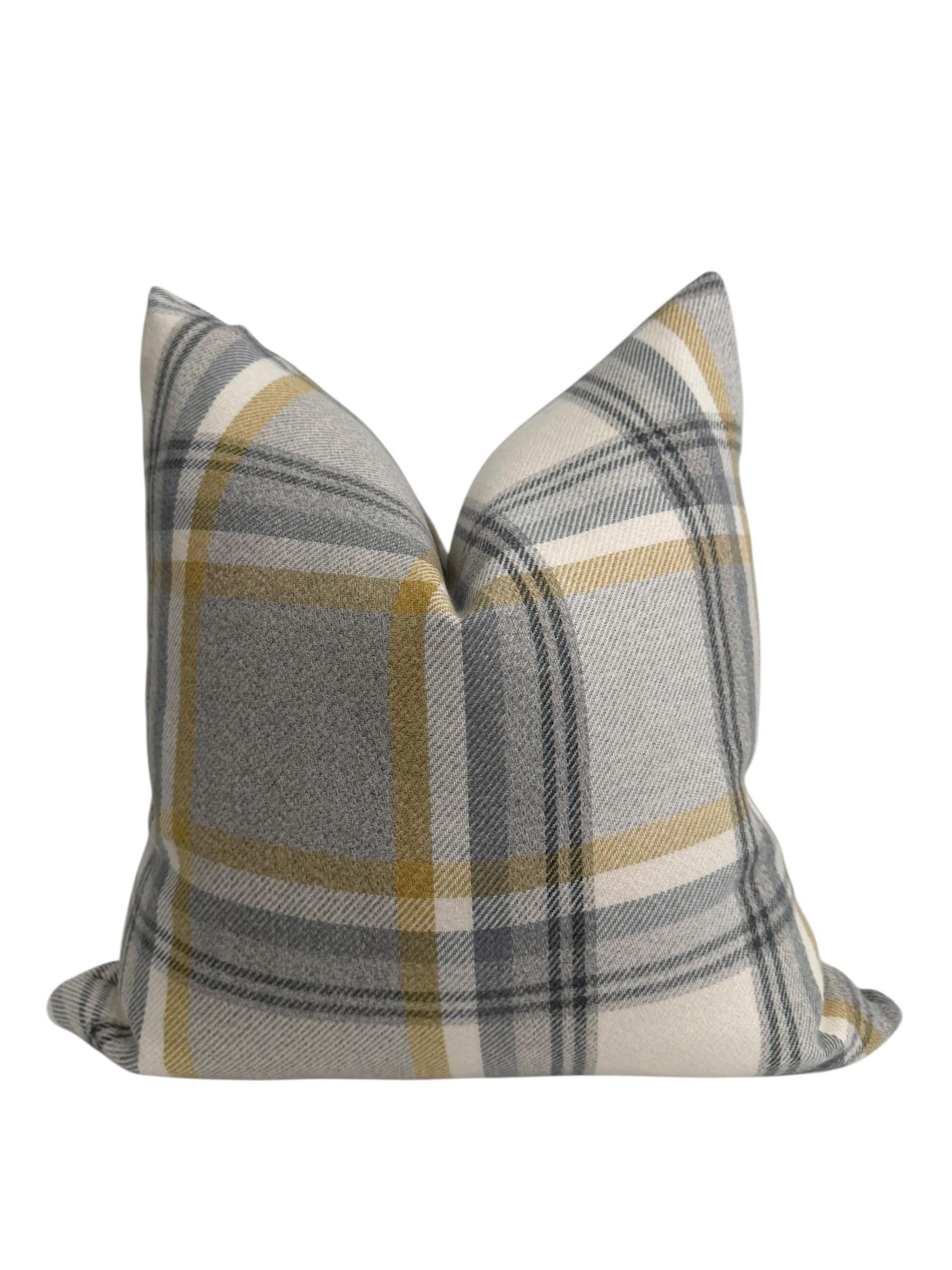 Gray Mustard Plaid Pillow Cover, Farmhouse Accent Cushion, Modern Rustic Decor