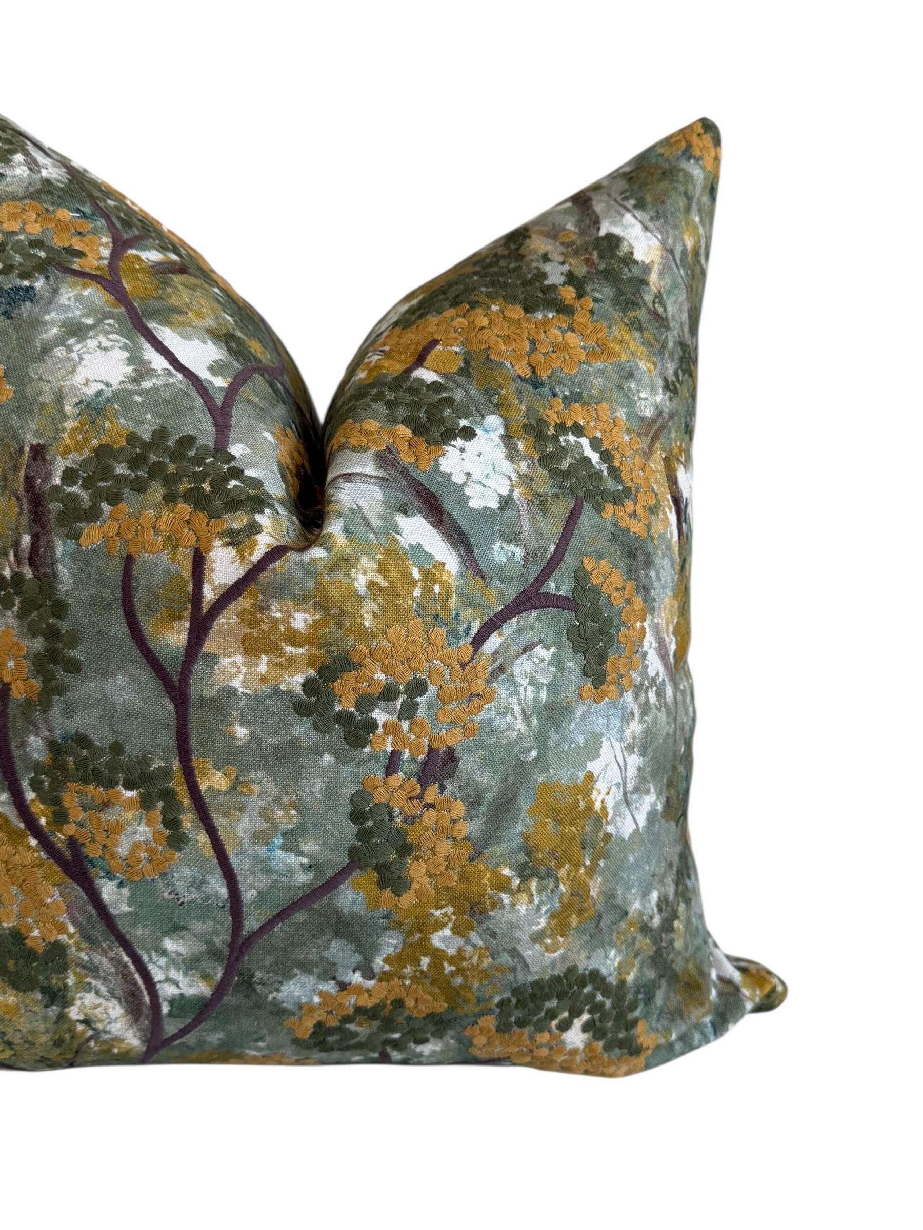 Embroidered Botanical Pillow Cover, Olive Mustard Floral Cushion, Handmade USA